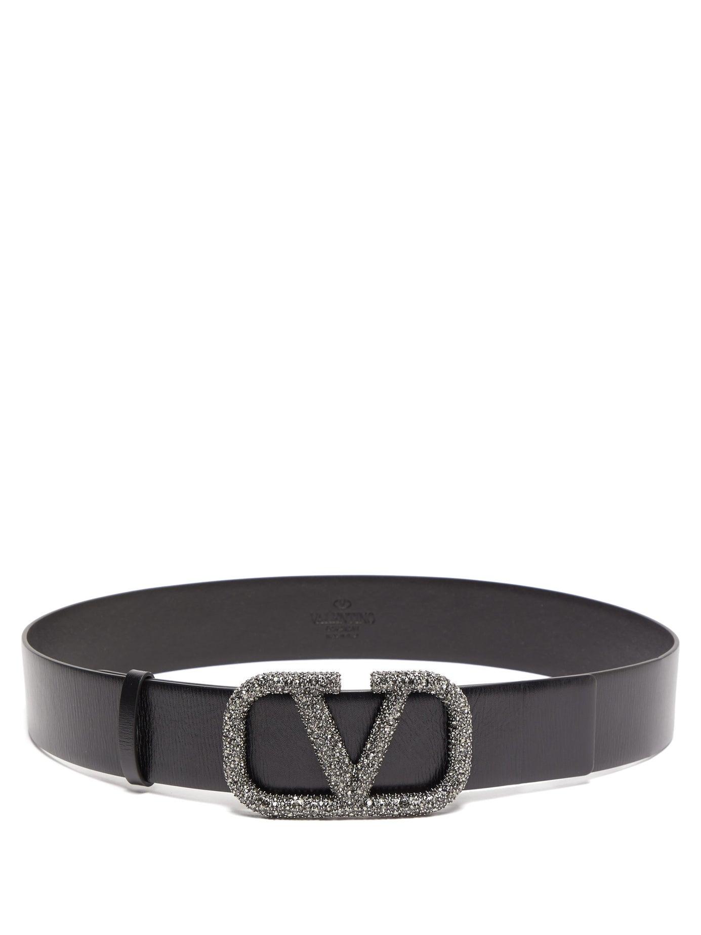 Valentino V Logo Crystal Embellished Leather Belt in Black | Lyst