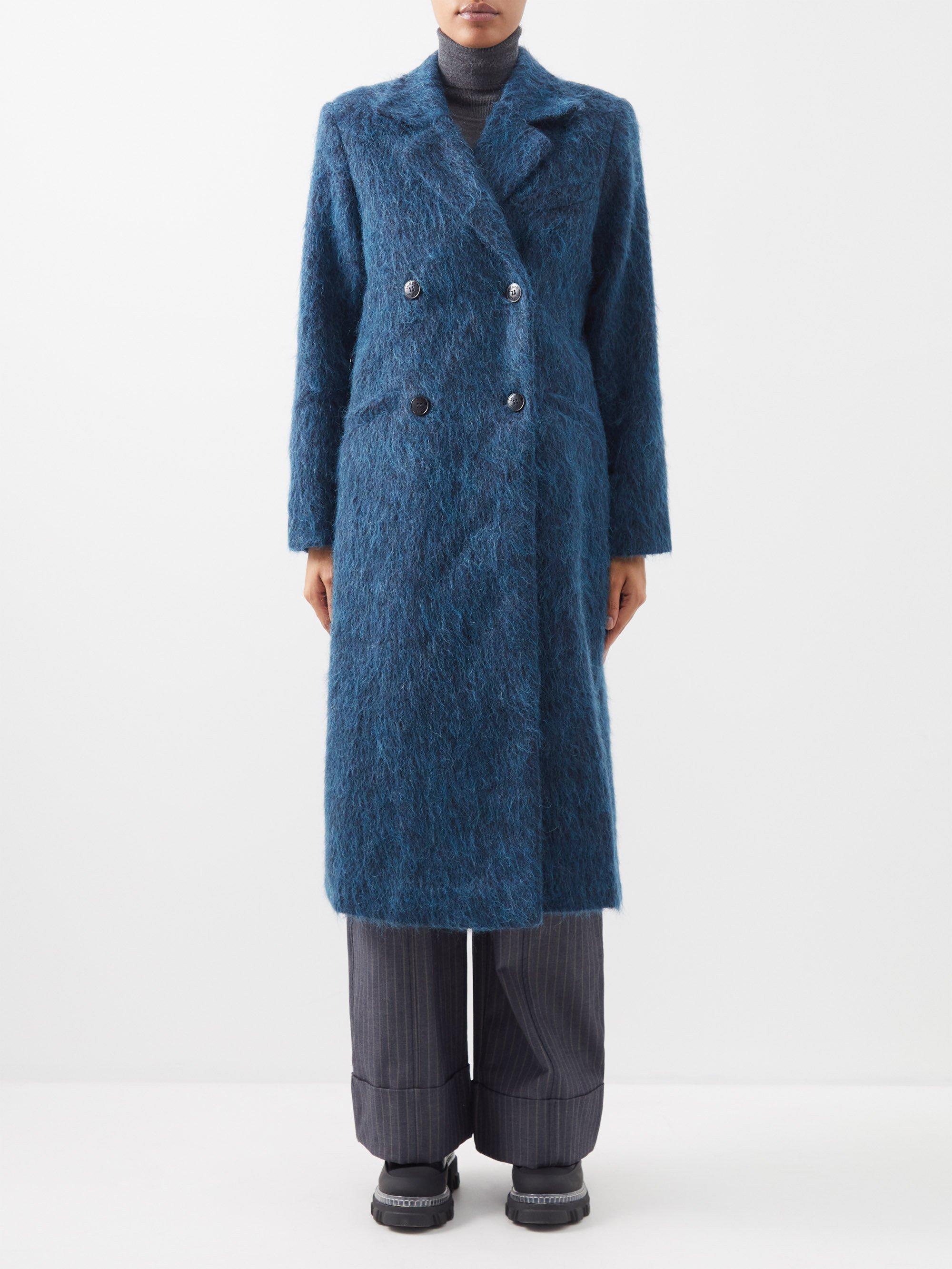 Ganni Double-breasted Recycled-wool Blend Tailored Coat in Blue | Lyst