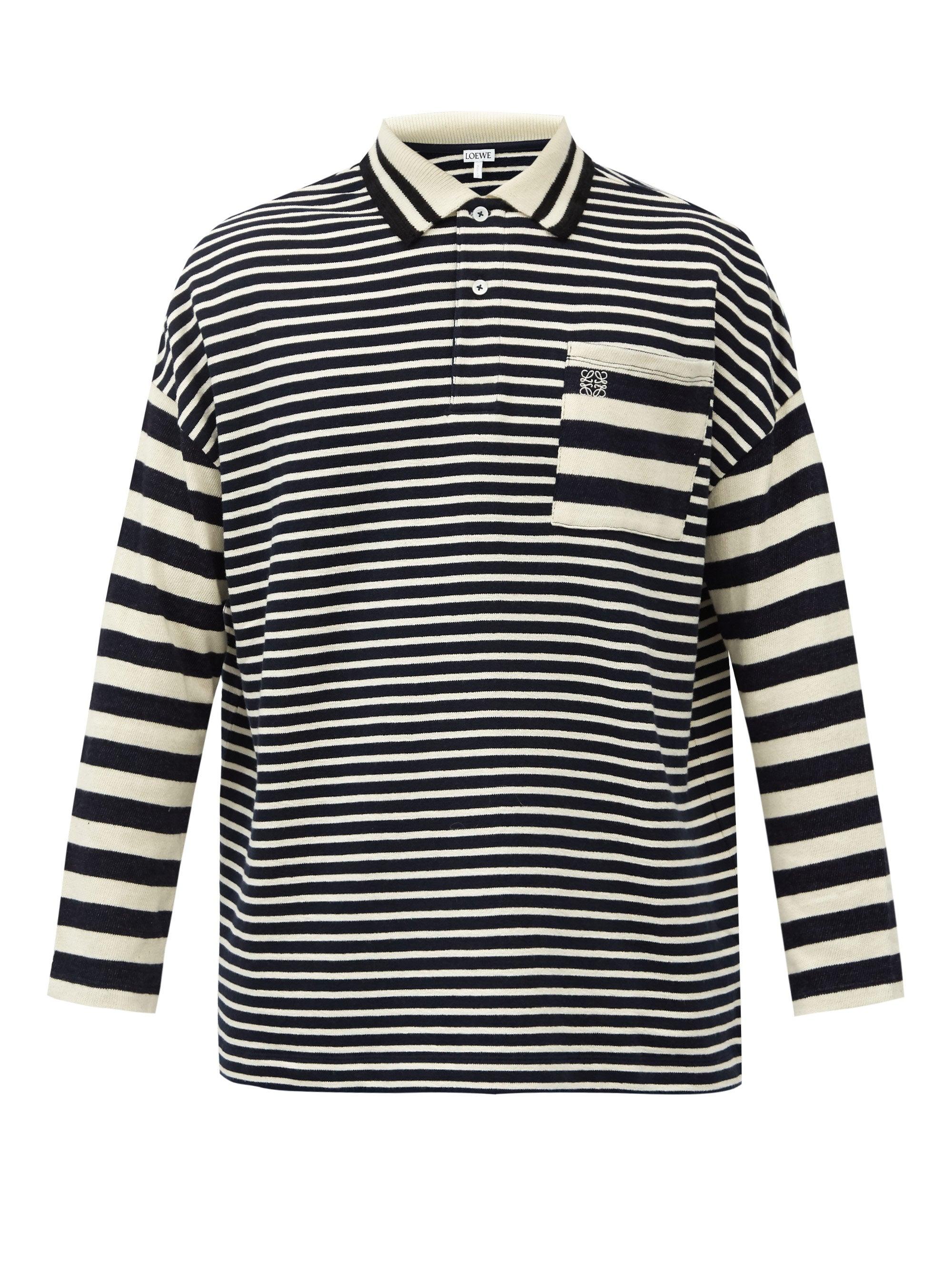 Loewe Anagram Striped-cotton Long-sleeve Polo Shirt in Navy White 