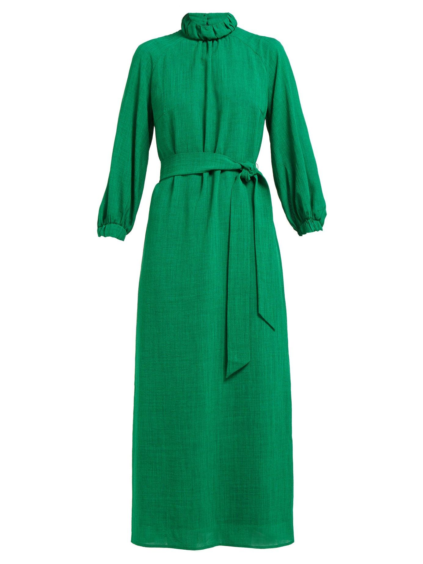 Cefinn Leather Tie-waist High-neck Voile Midi Dress in Green - Lyst