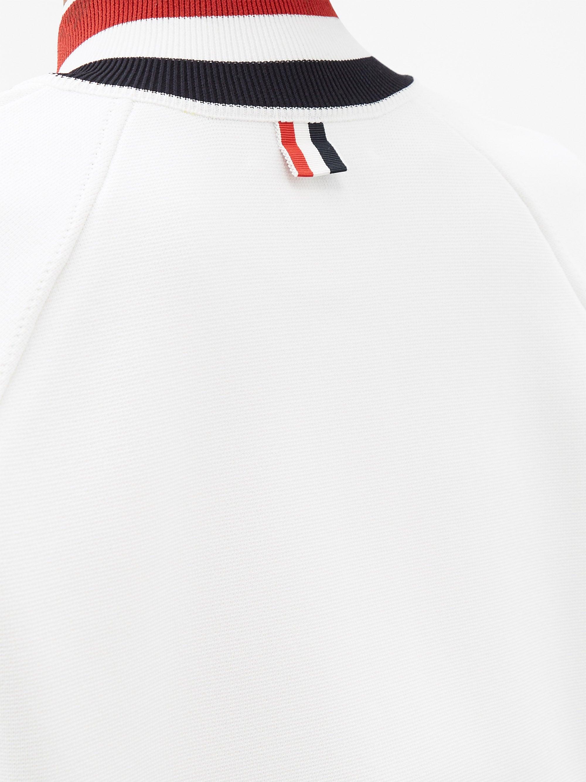 店長おすすめ Thom Browne トリコロールストライプ ニットベースボールジャケット ホワイト 即出荷 ウェア Eservices Alzahra Mun Org