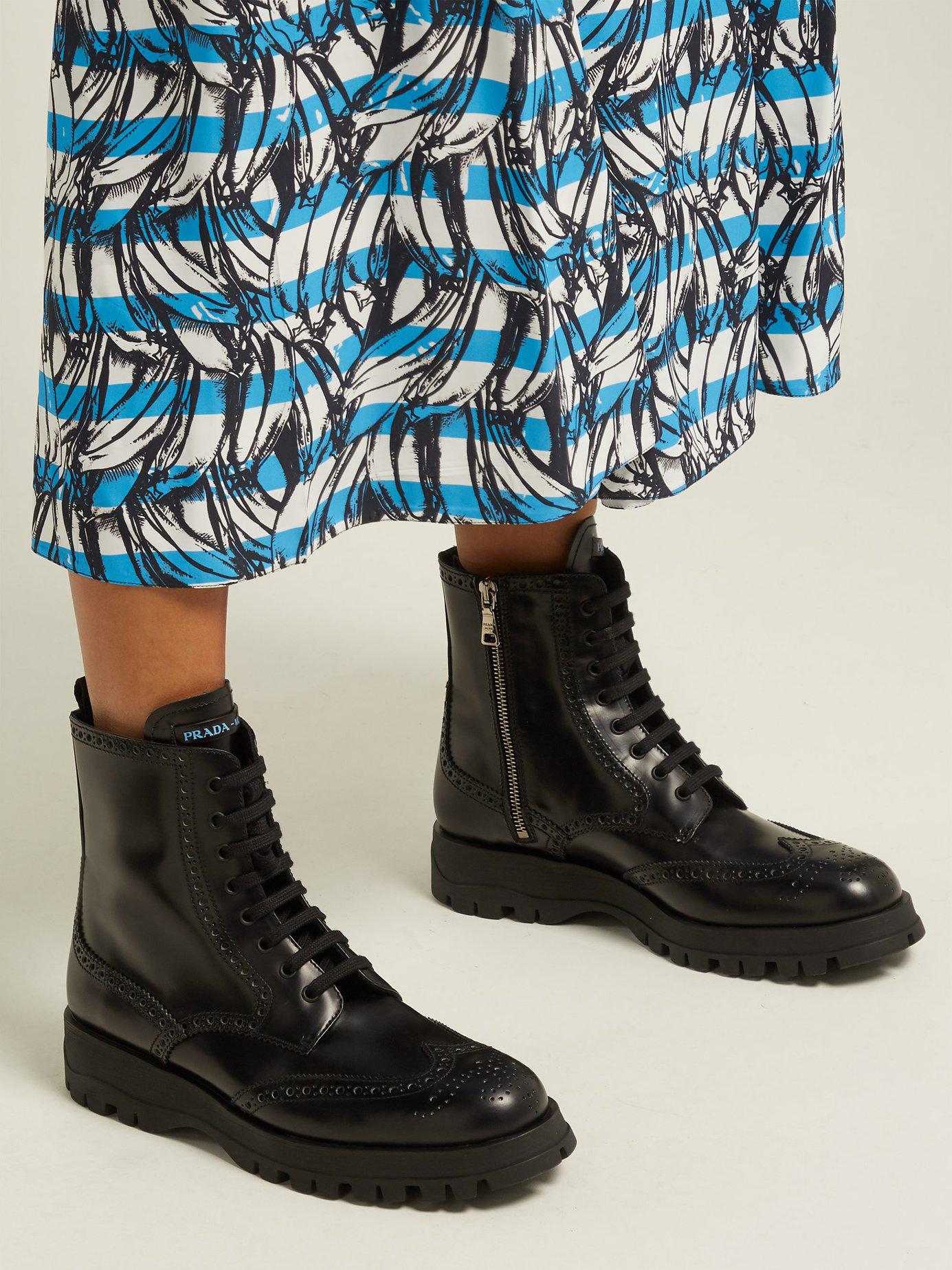 Prada Lace-up Leather Brogue Ankle Boots in Black | Lyst