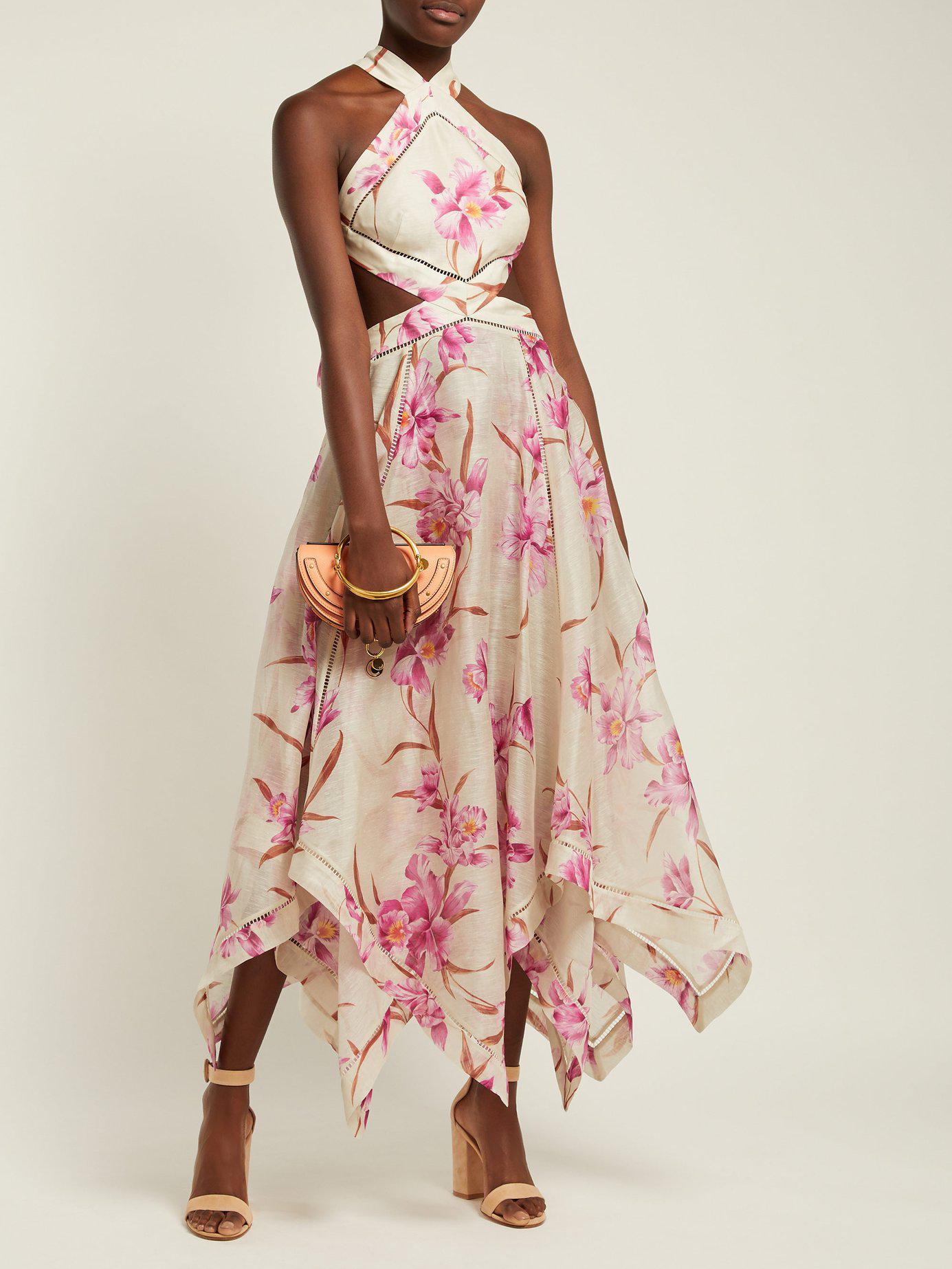 Zimmermann Corsage Orchid Print Linen Blend Midi Dress in White/Pink ...