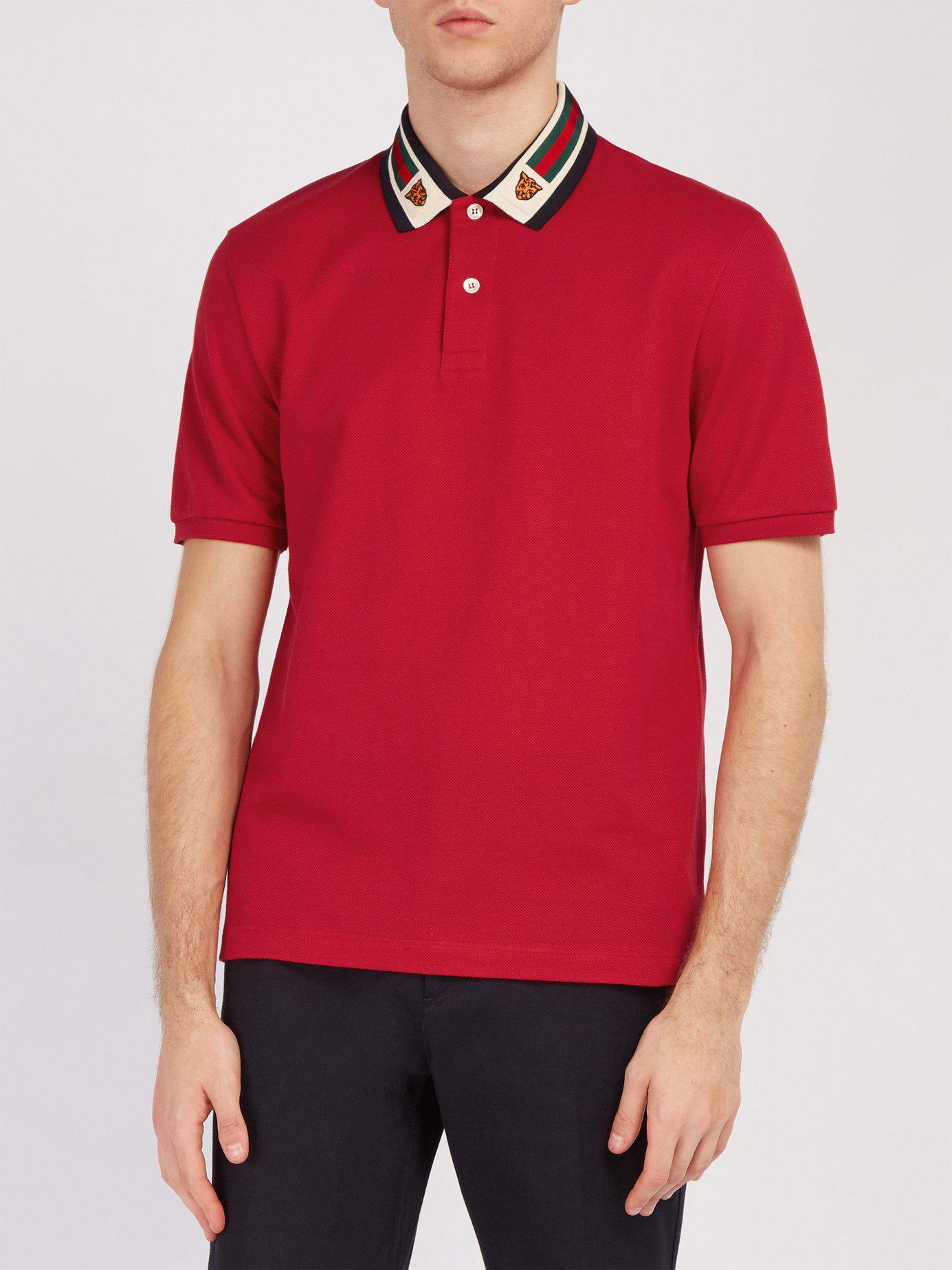 Men's GUCCI Stripe Webbing Embroidered Tiger Head Red Polo Shirt