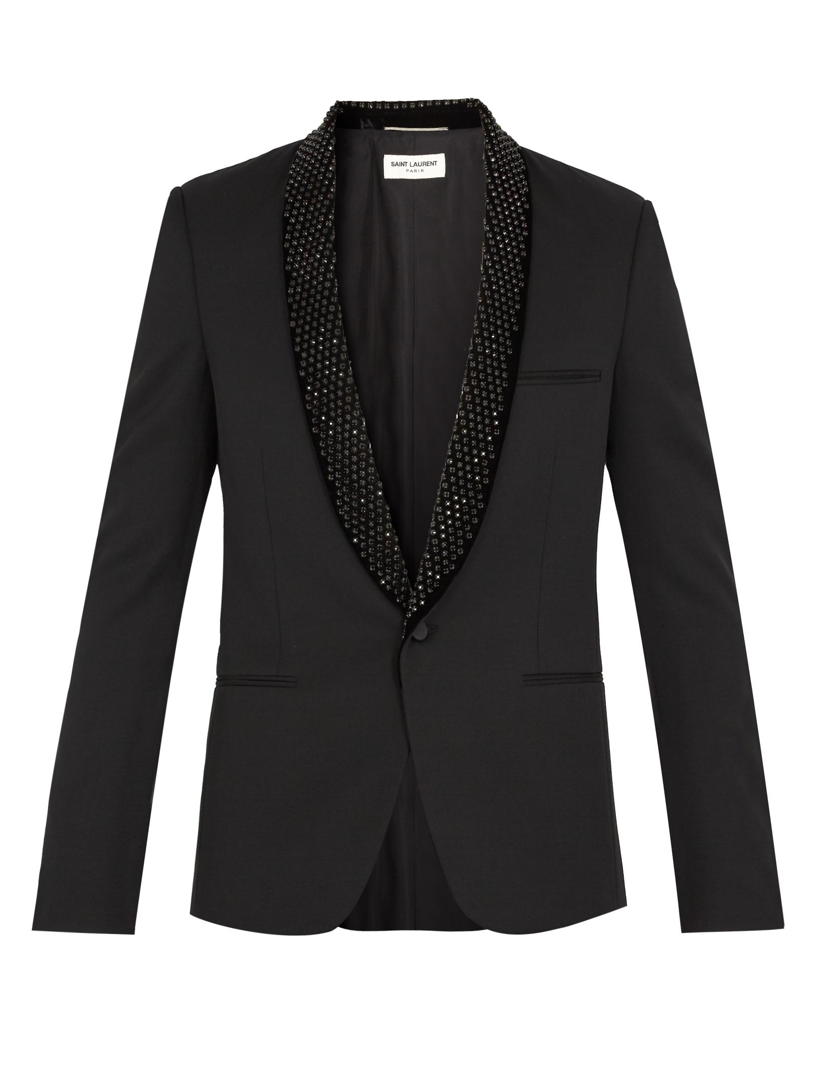 Saint Laurent Crystal embellished Wool Tuxedo Jacket in Black for