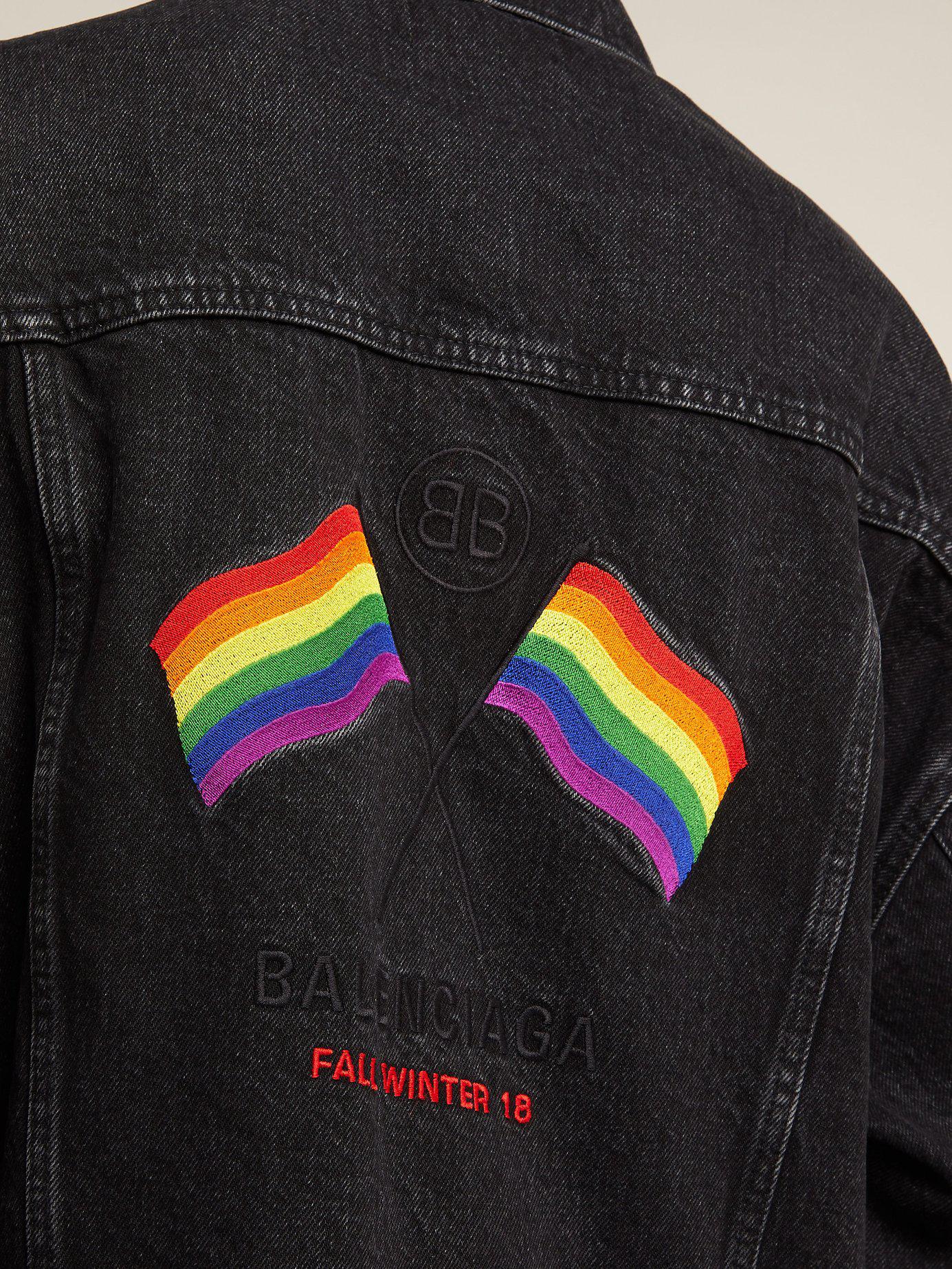 Balenciaga Rainbow Flag Embroidered Denim Jacket in Black | Lyst