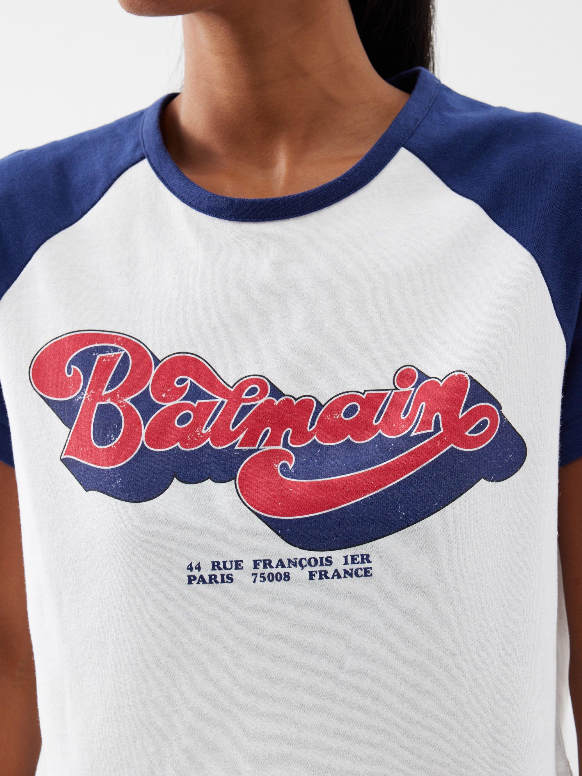 Balmain Cropped 70s Logo-print Cotton-jersey T-shirt in Blue | Lyst