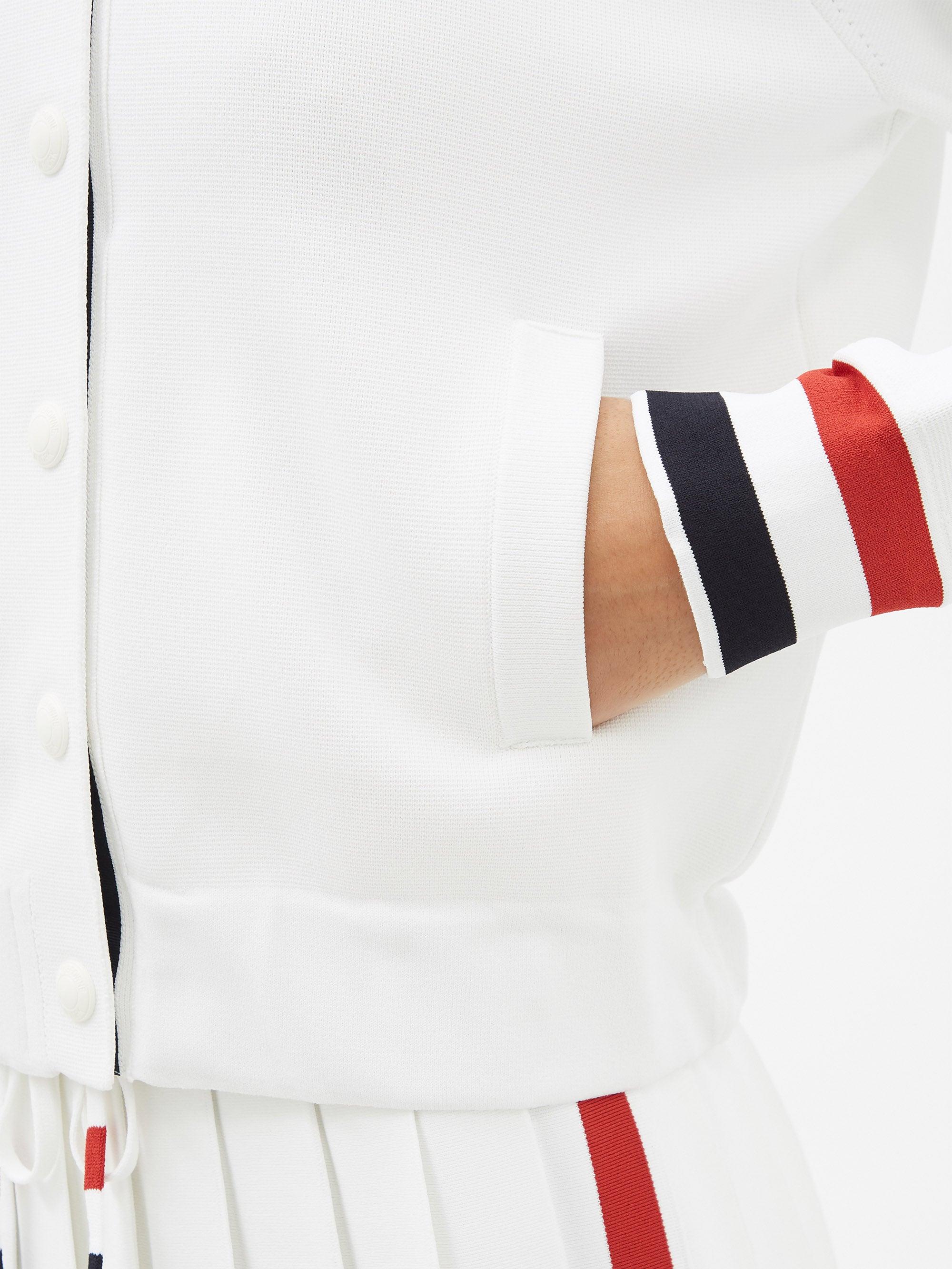 店長おすすめ Thom Browne トリコロールストライプ ニットベースボールジャケット ホワイト 即出荷 ウェア Eservices Alzahra Mun Org