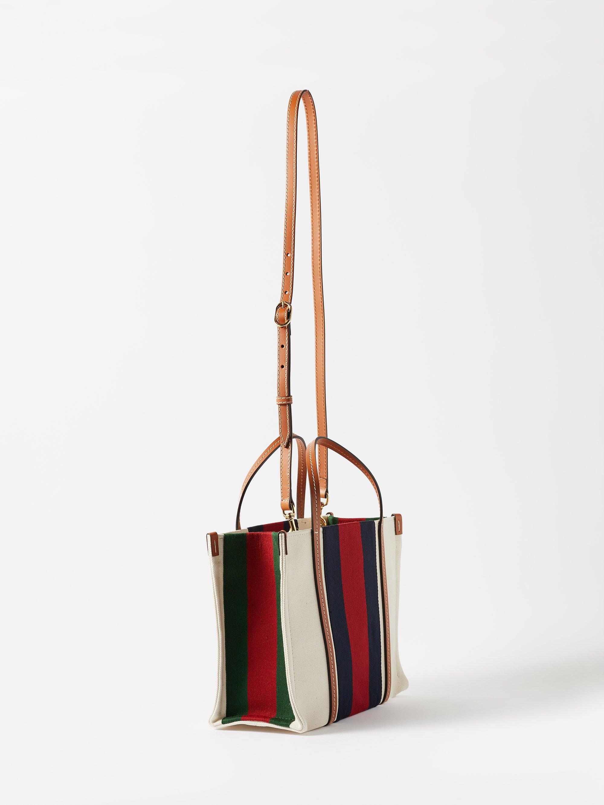 Gucci Logo Striped Leather Canvas Tote Bag Red White Blue