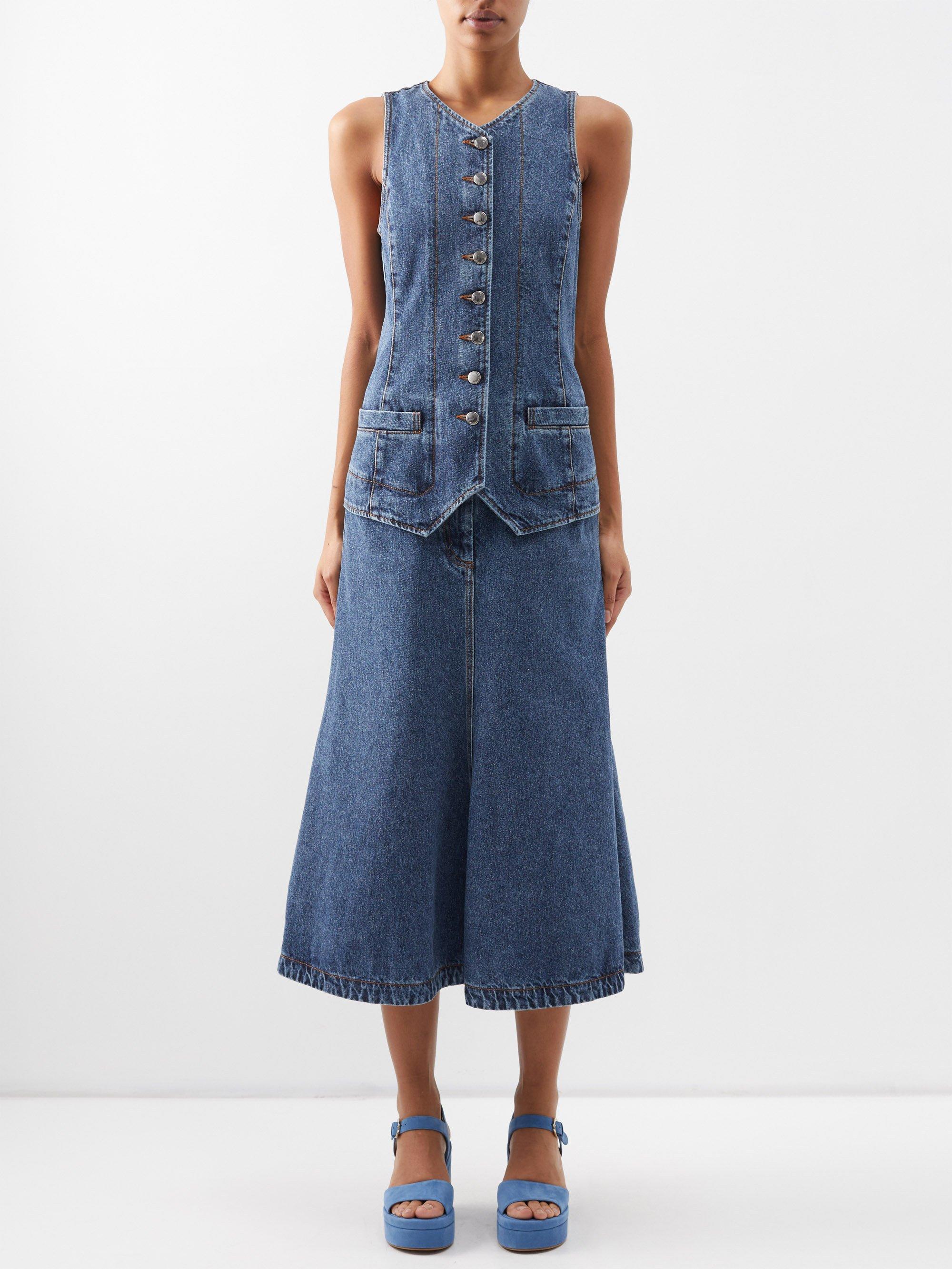 Chloé Waistcoatpanel Fluted Denim Dress in Blue Lyst