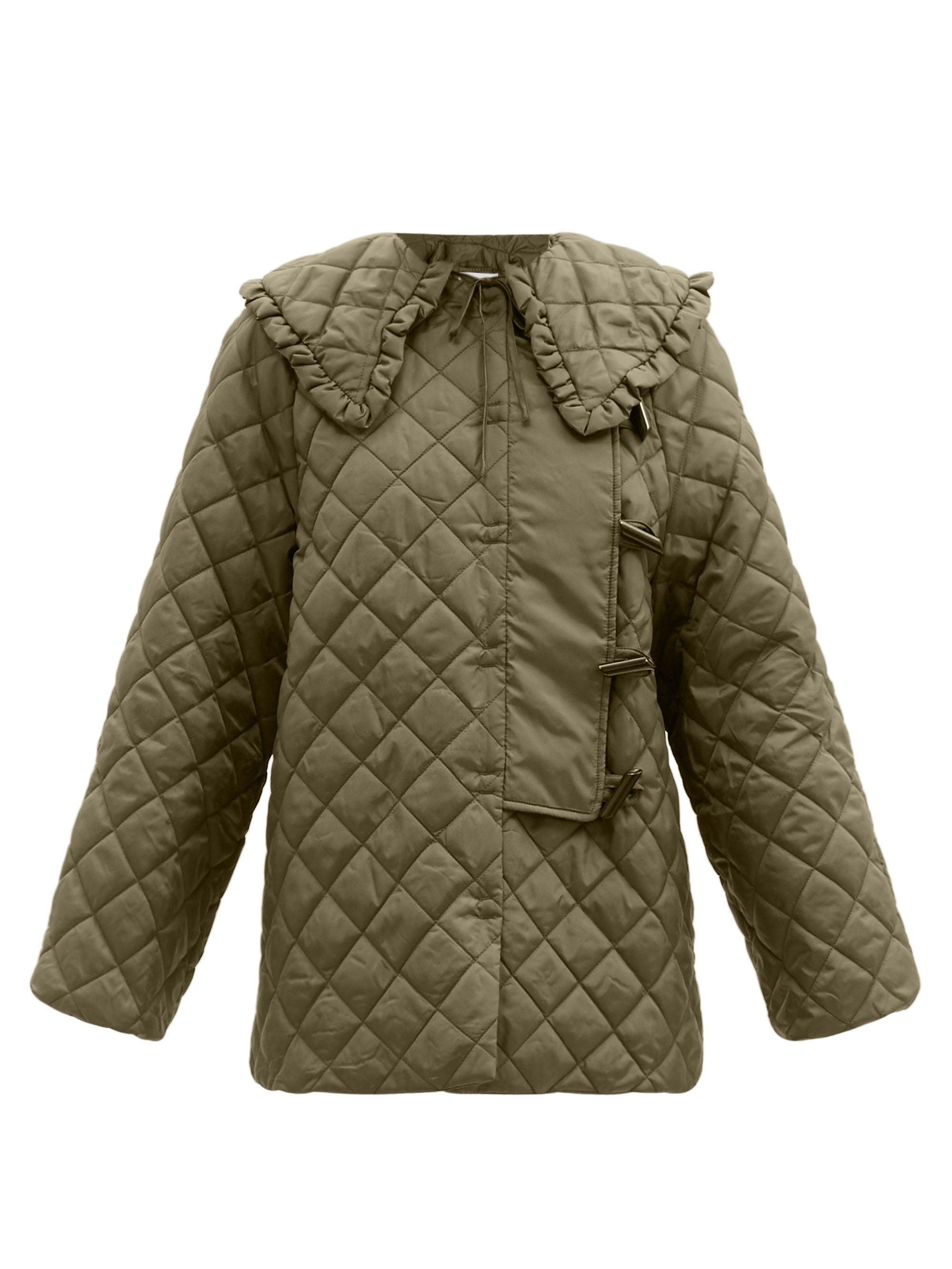 Ganni Synthetic Ruffled-collar Quilted Recycled-fibre Ripstop Coat in Khaki  (Green) | Lyst