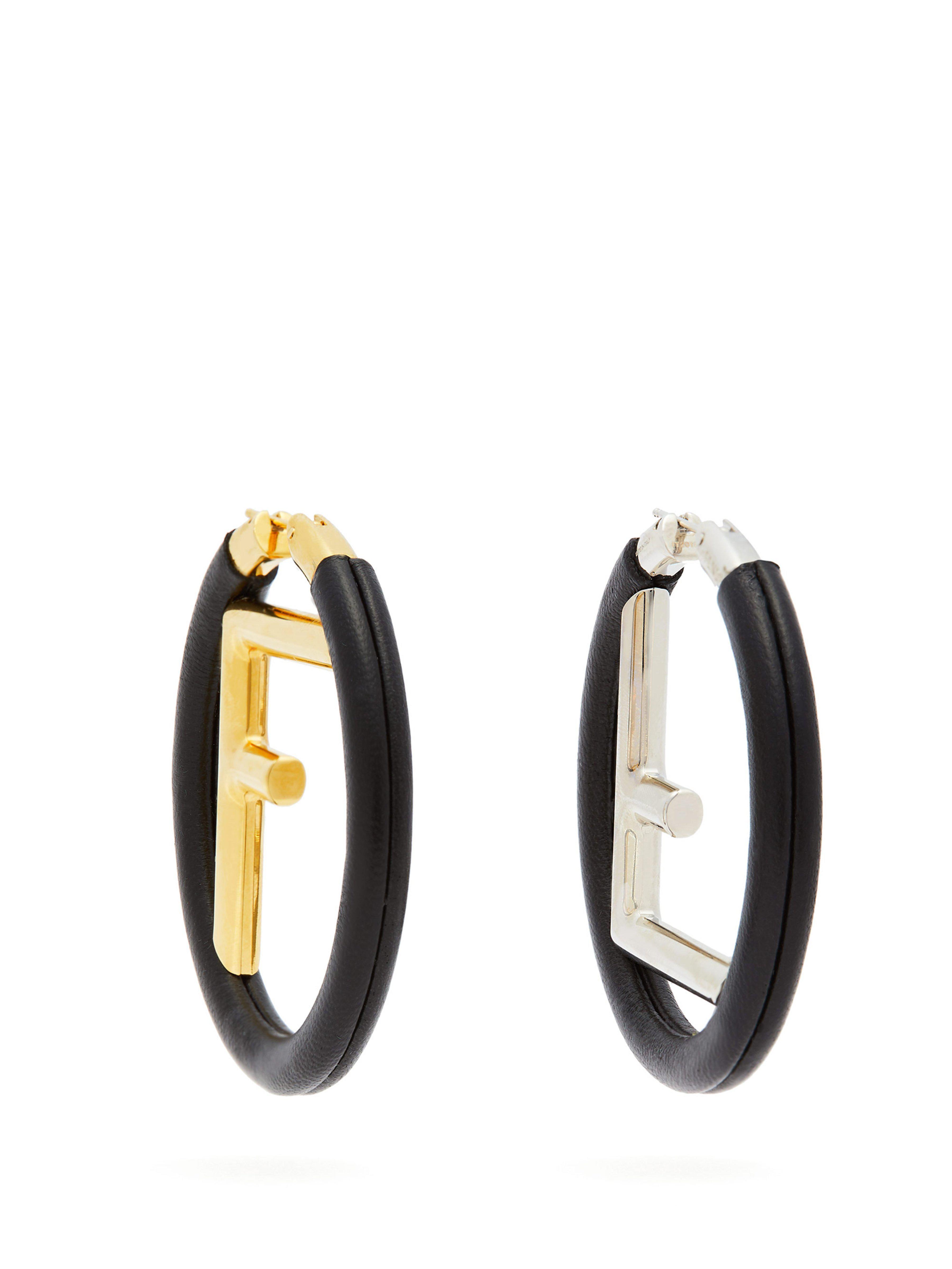 Fendi Leather Logo Hoop Earrings in Black - Lyst