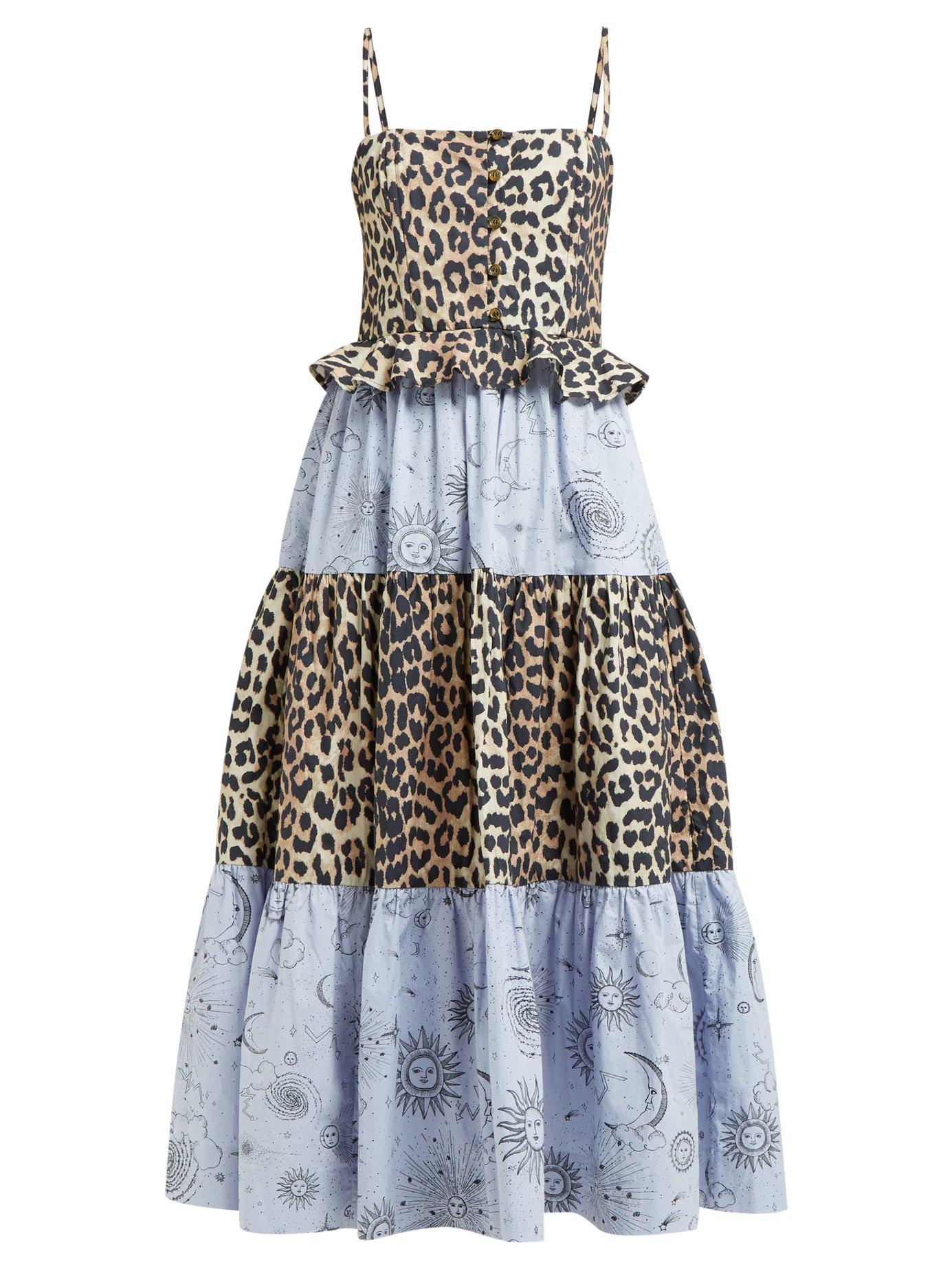 Download Ganni Leopard And Moon Print Tiered Poplin Midi Dress in ...