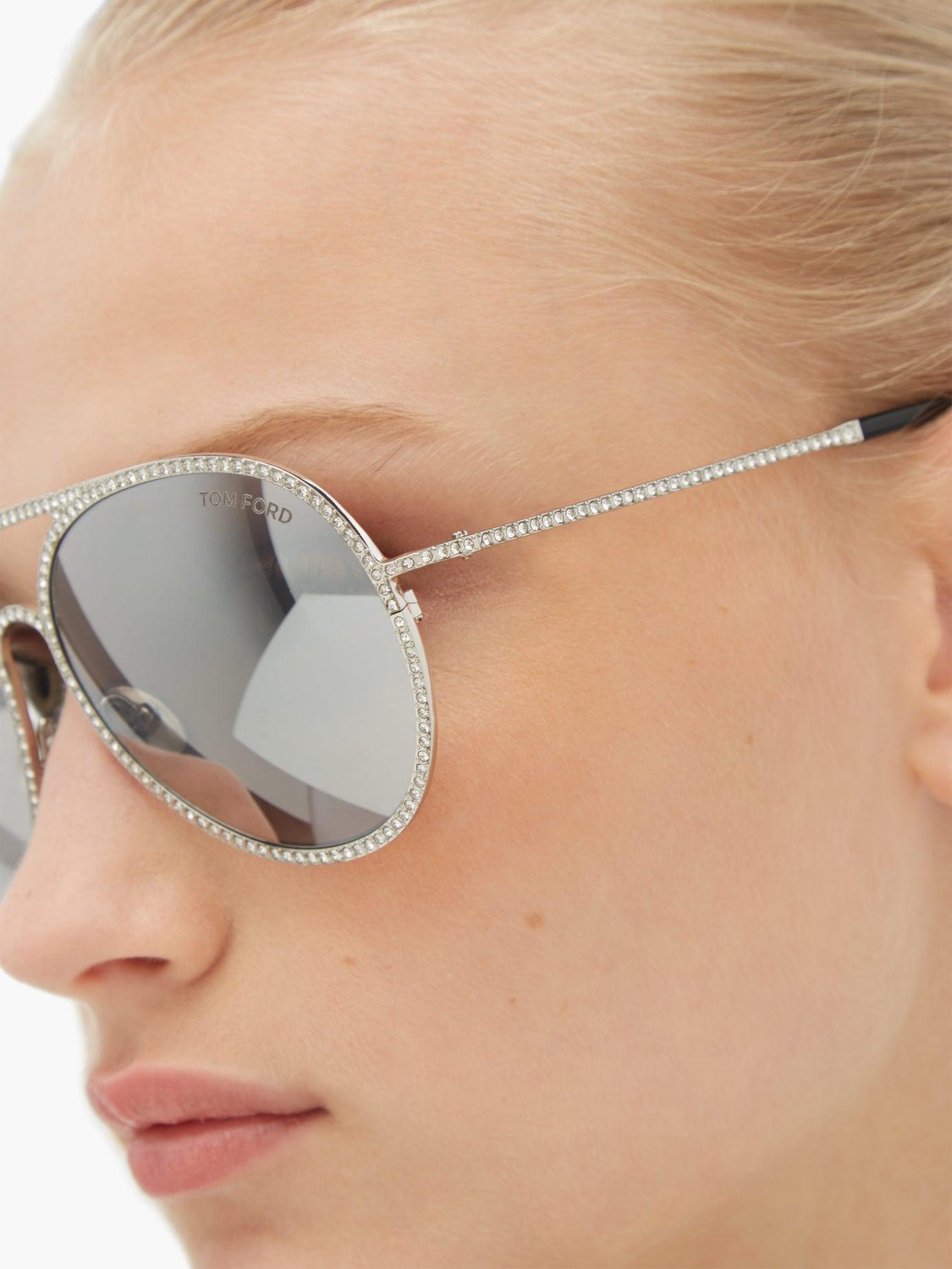 Tom Ford Crystal Embellished Aviator Sunglasses in Metallic