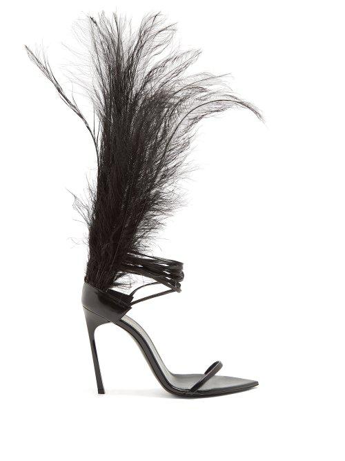 Saint Laurent Leather Iris Ostrich Feather-trimmed Stiletto Sandals in  Black - Lyst