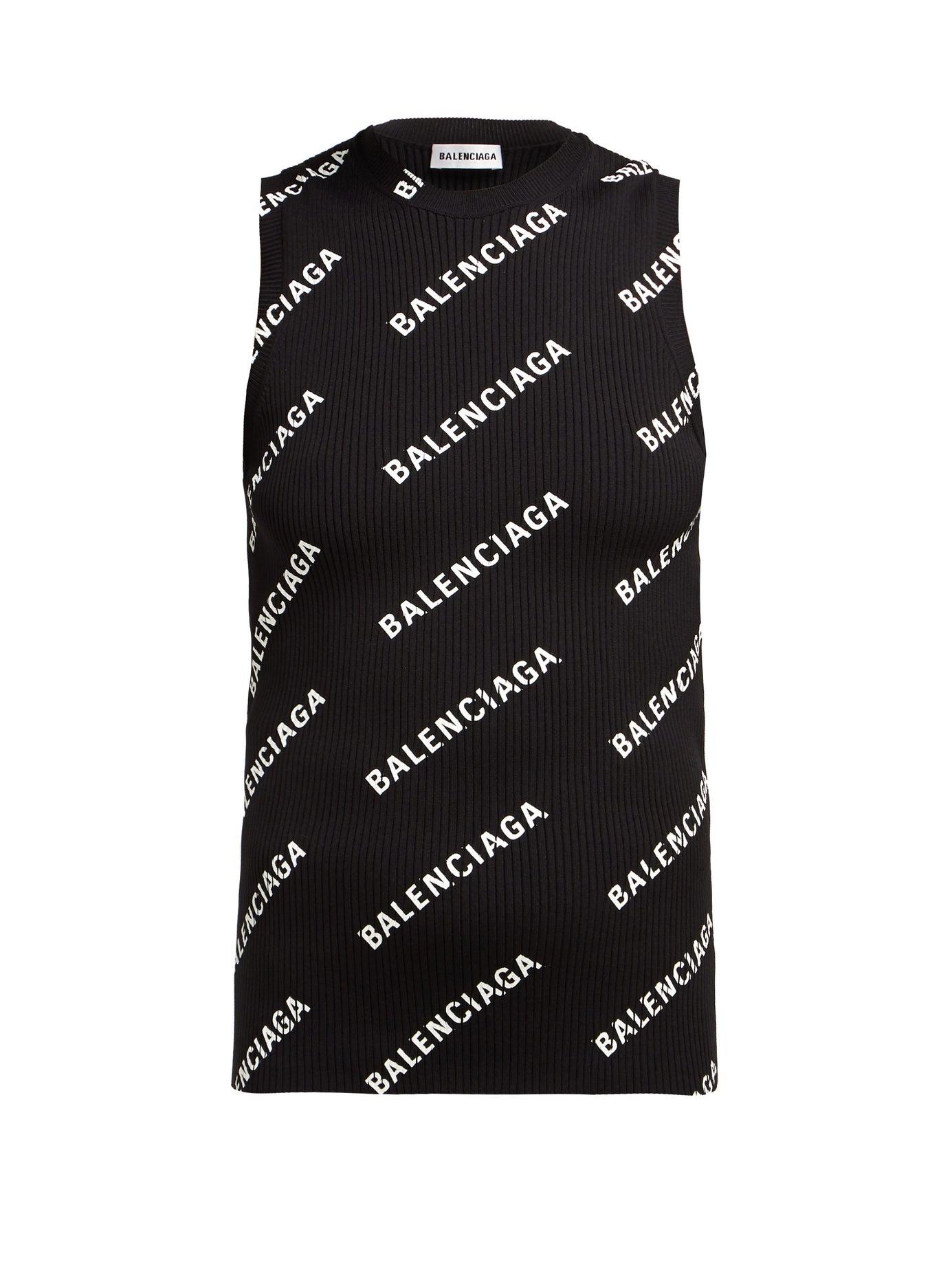 Balenciaga Logo-print Ribbed-knit Sleeveless Top in Black | Lyst