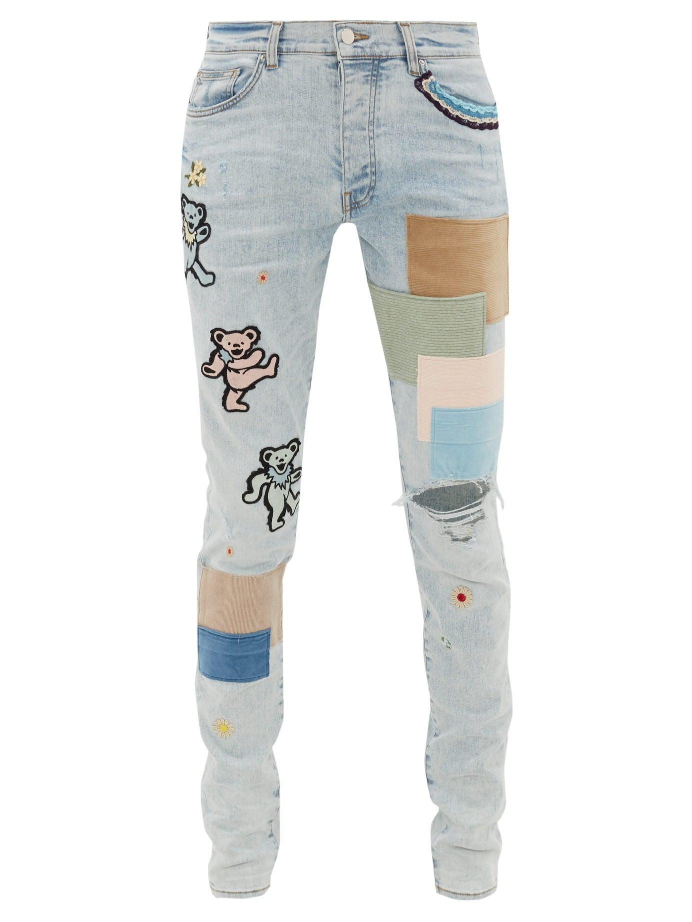 Amiri Dancing Bear-embroidered Patchwork Denim Jeans in Blue for Men | Lyst