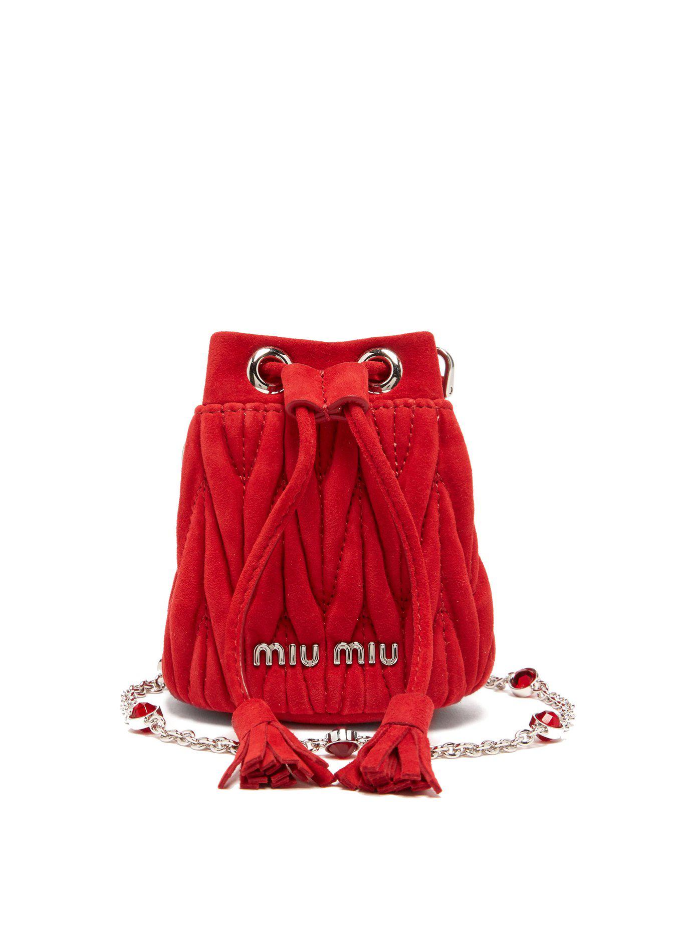 Miu Miu Mini Suede Bucket Bag W/ Crystal Strap in Red Lyst