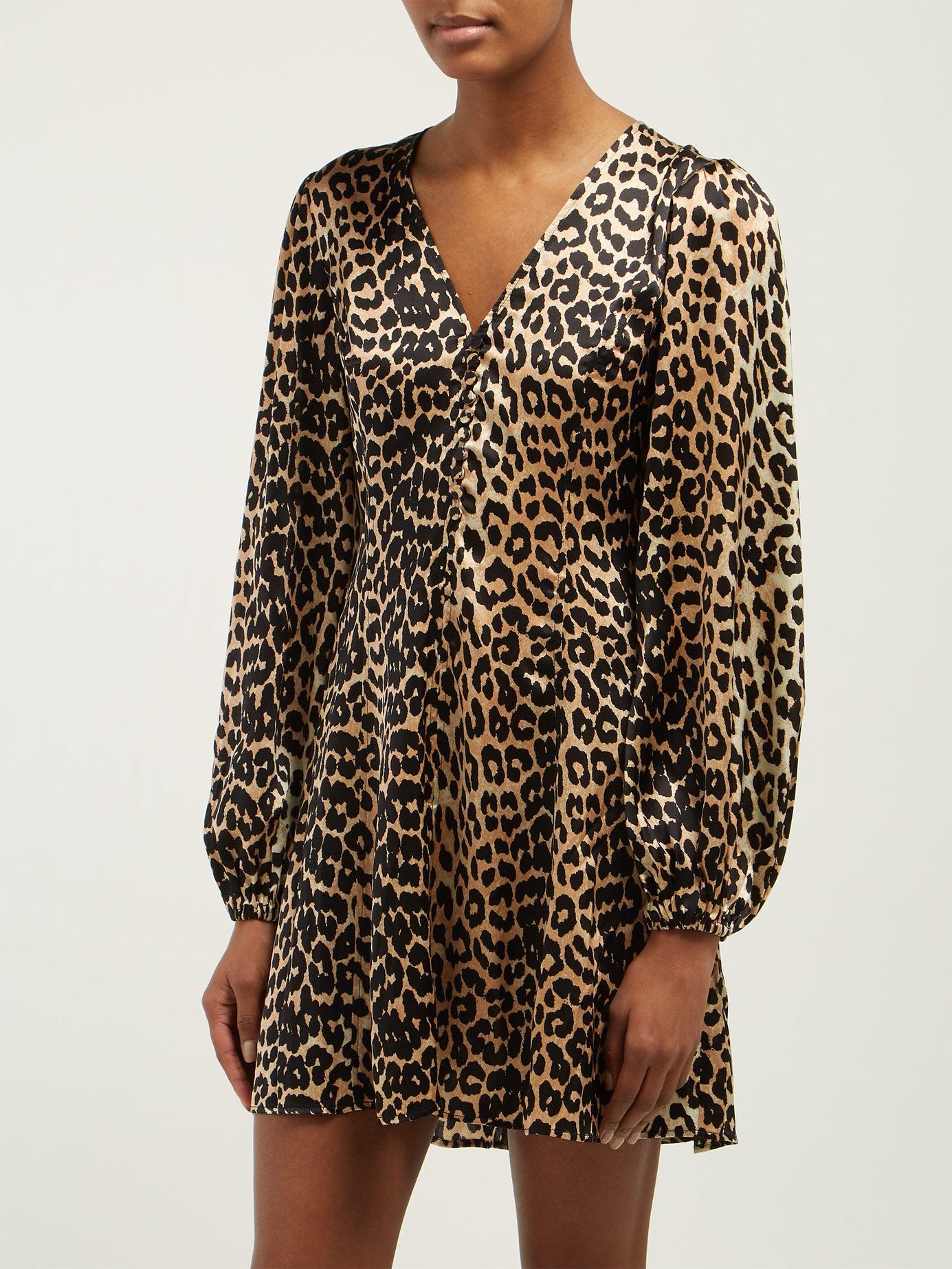 Ganni Blakely Leopard-print Silk-blend Mini Dress in Brown | Lyst