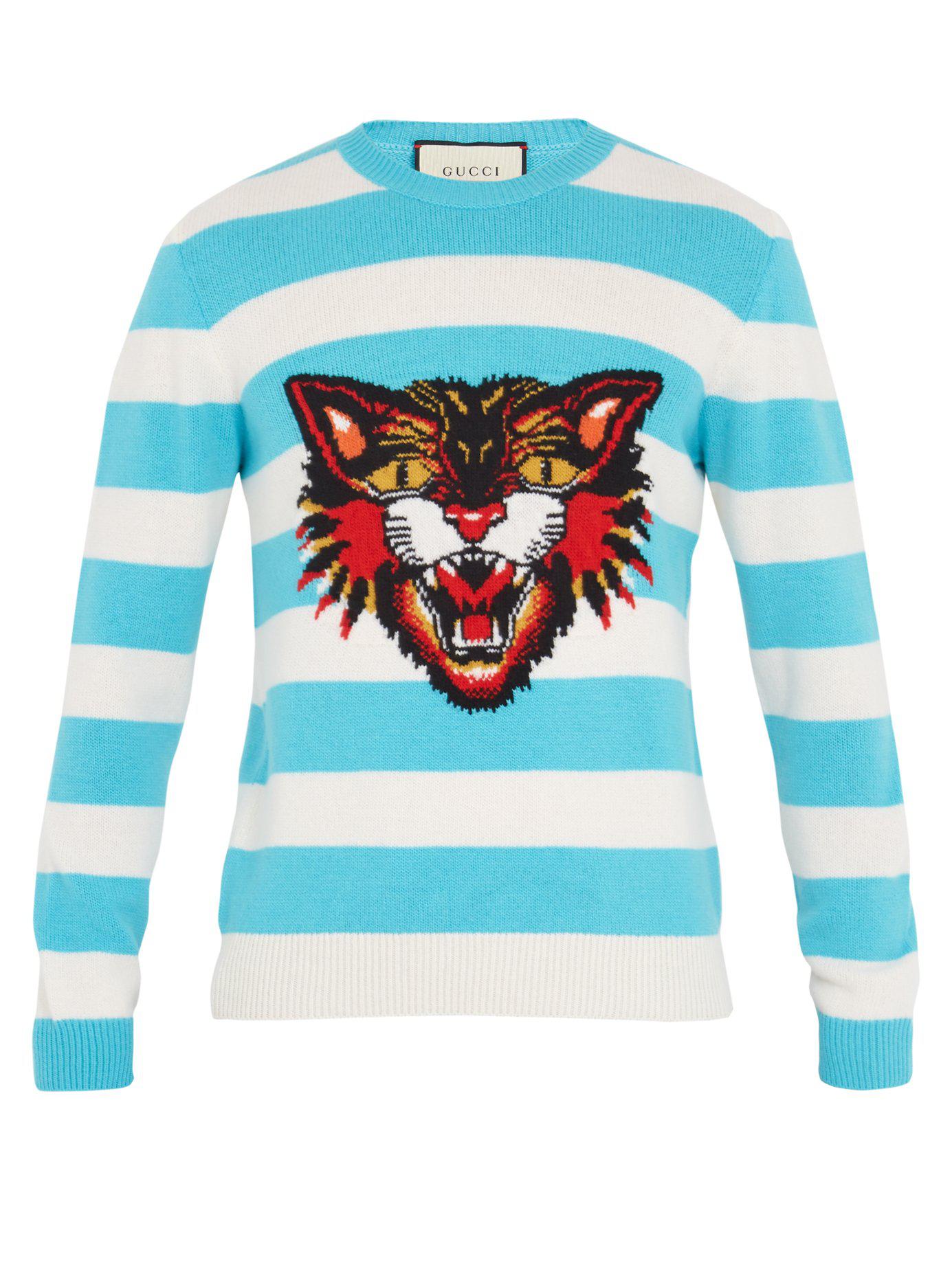 Gucci Angry Cat-intarsia Striped Wool Sweater in Blue for Men - Lyst