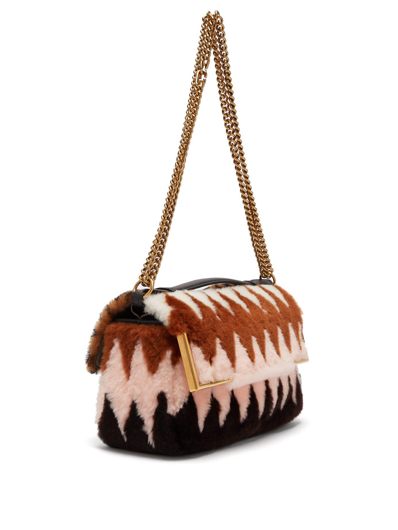 Fendi Leather Double Baguette Logo Shearling Bag in Brown - Lyst