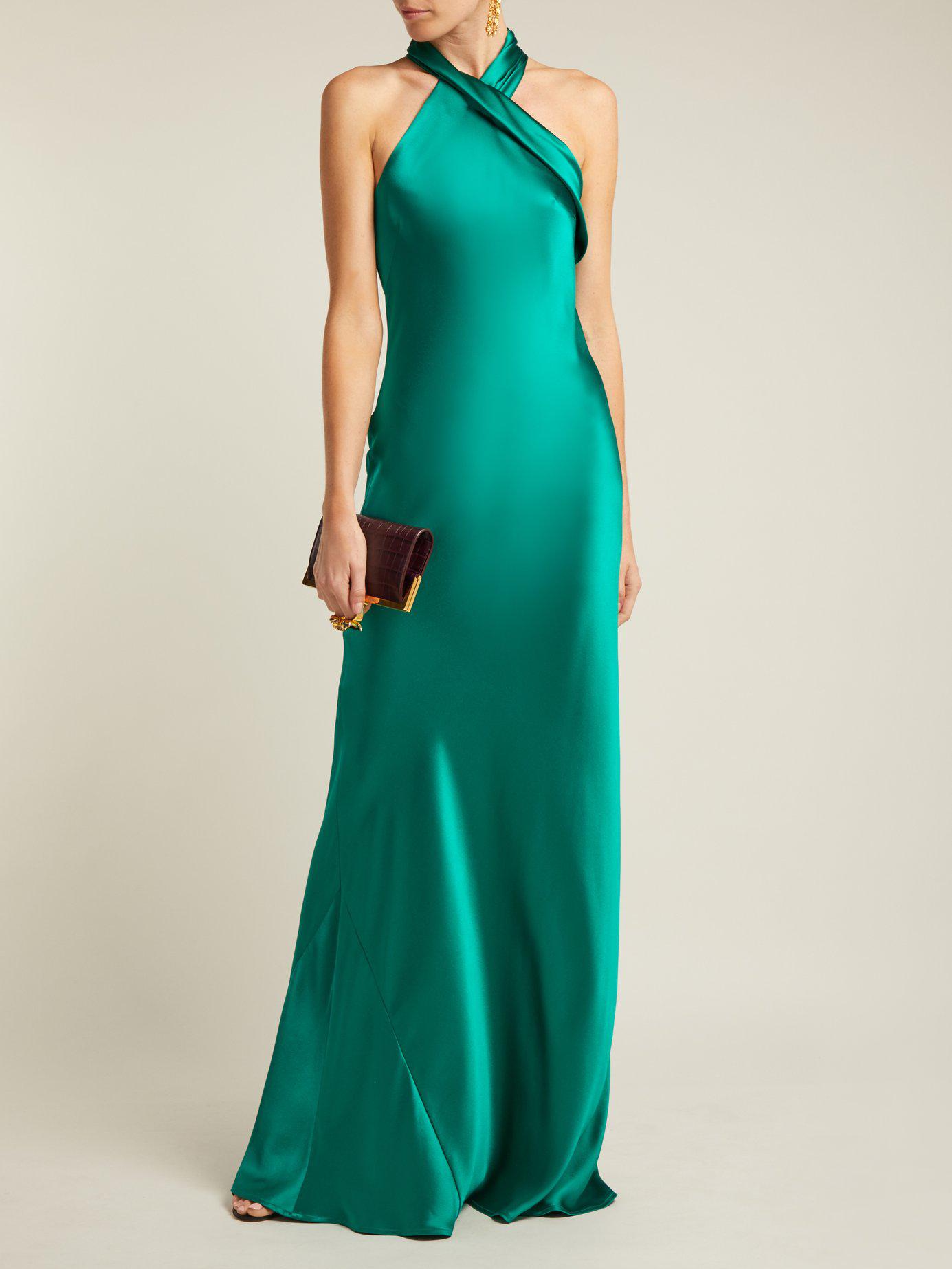 Galvan London Pandora Silk Satin Halterneck Gown in Green - Lyst