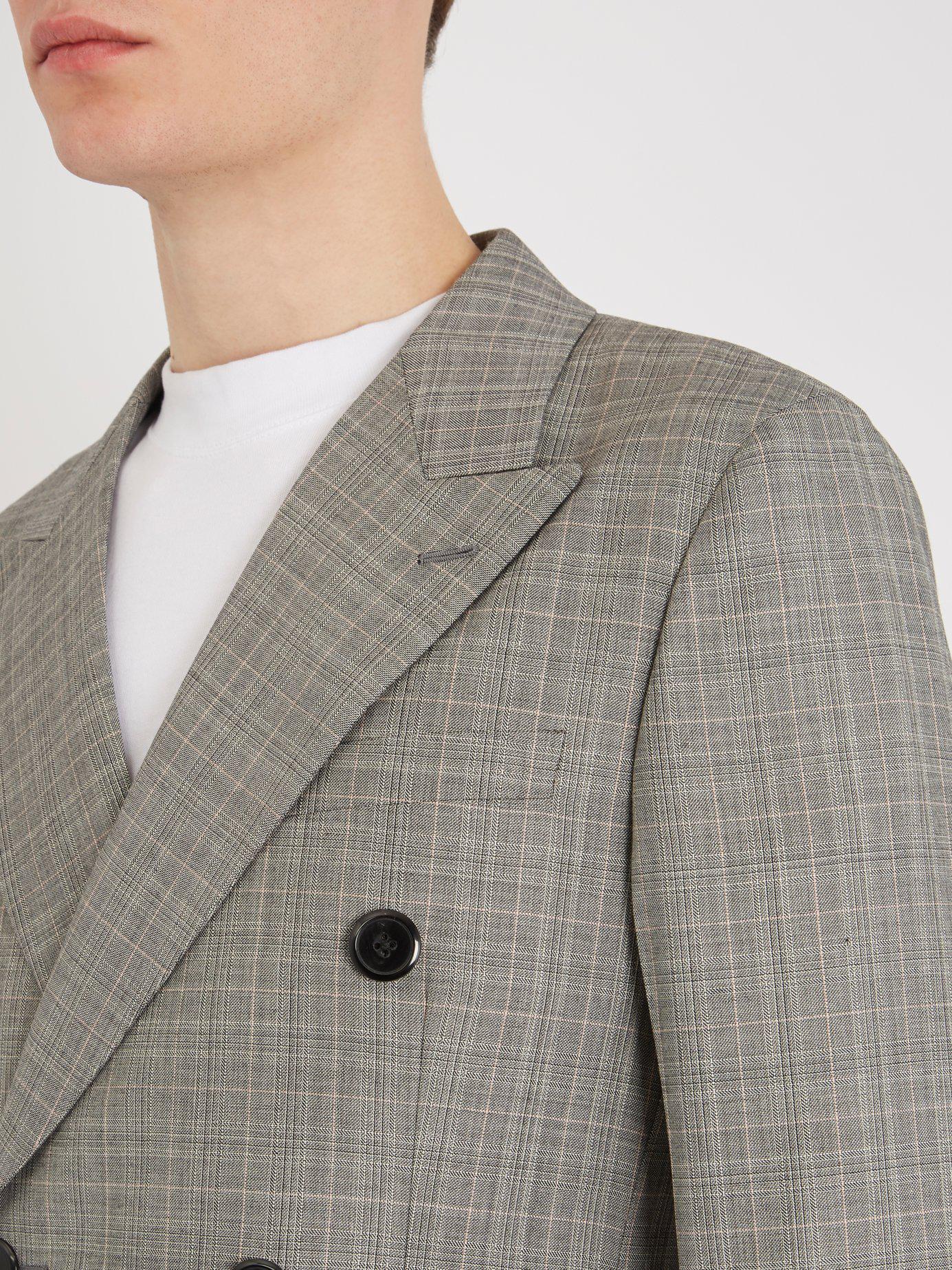 Prada Double Breasted Checked Wool Blend Blazer in Gray for Men - Lyst