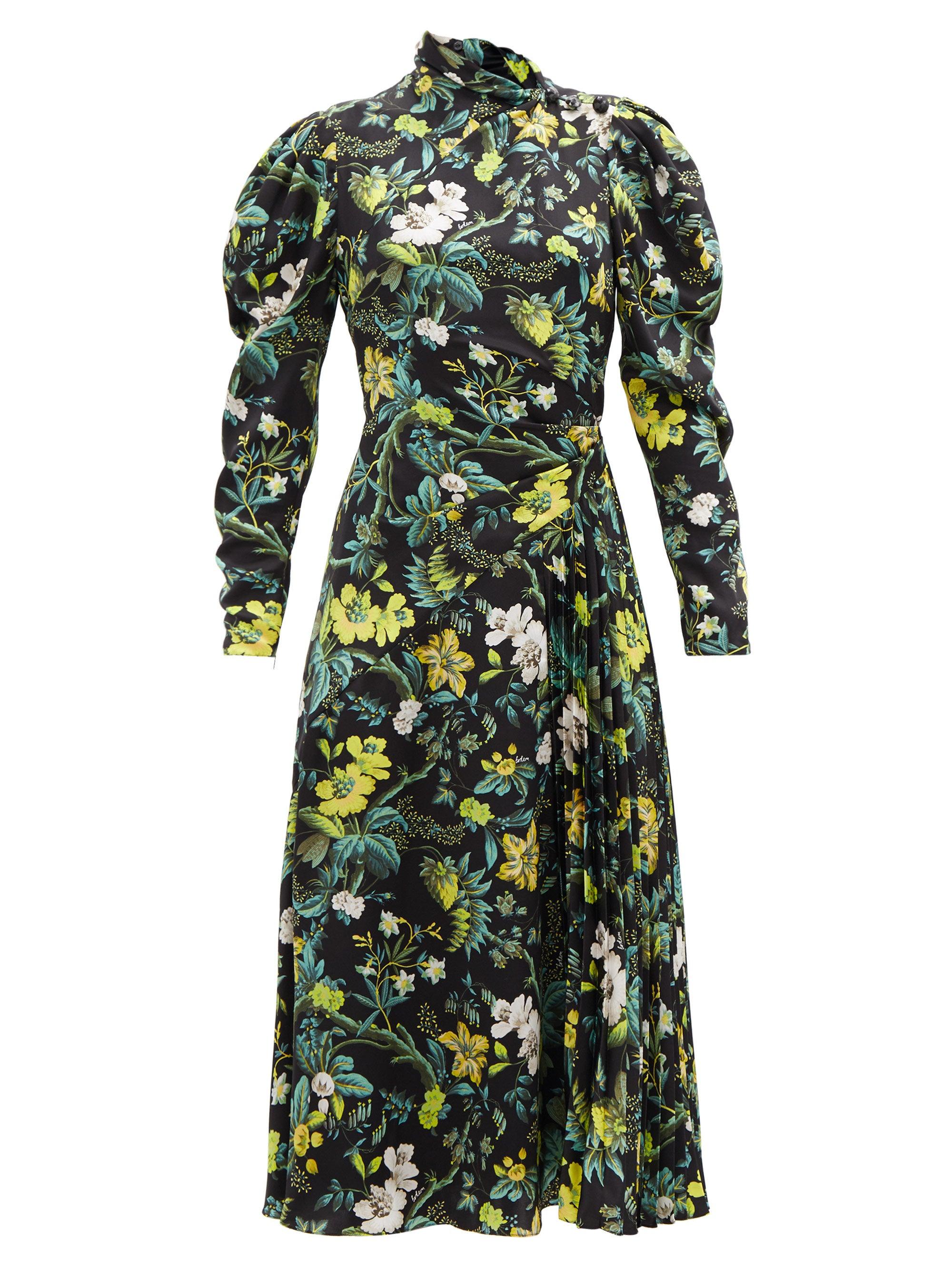 Erdem Irwin Pleated Floral-print Silk-satin Midi Dress in Green - Lyst