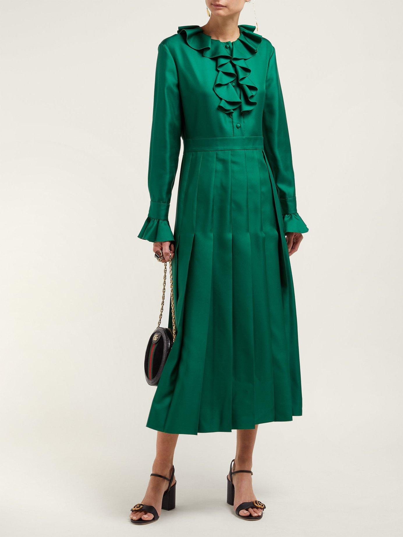 Gucci Ruffle Trimmed Pleated Silk Twill Dress in Green | Lyst