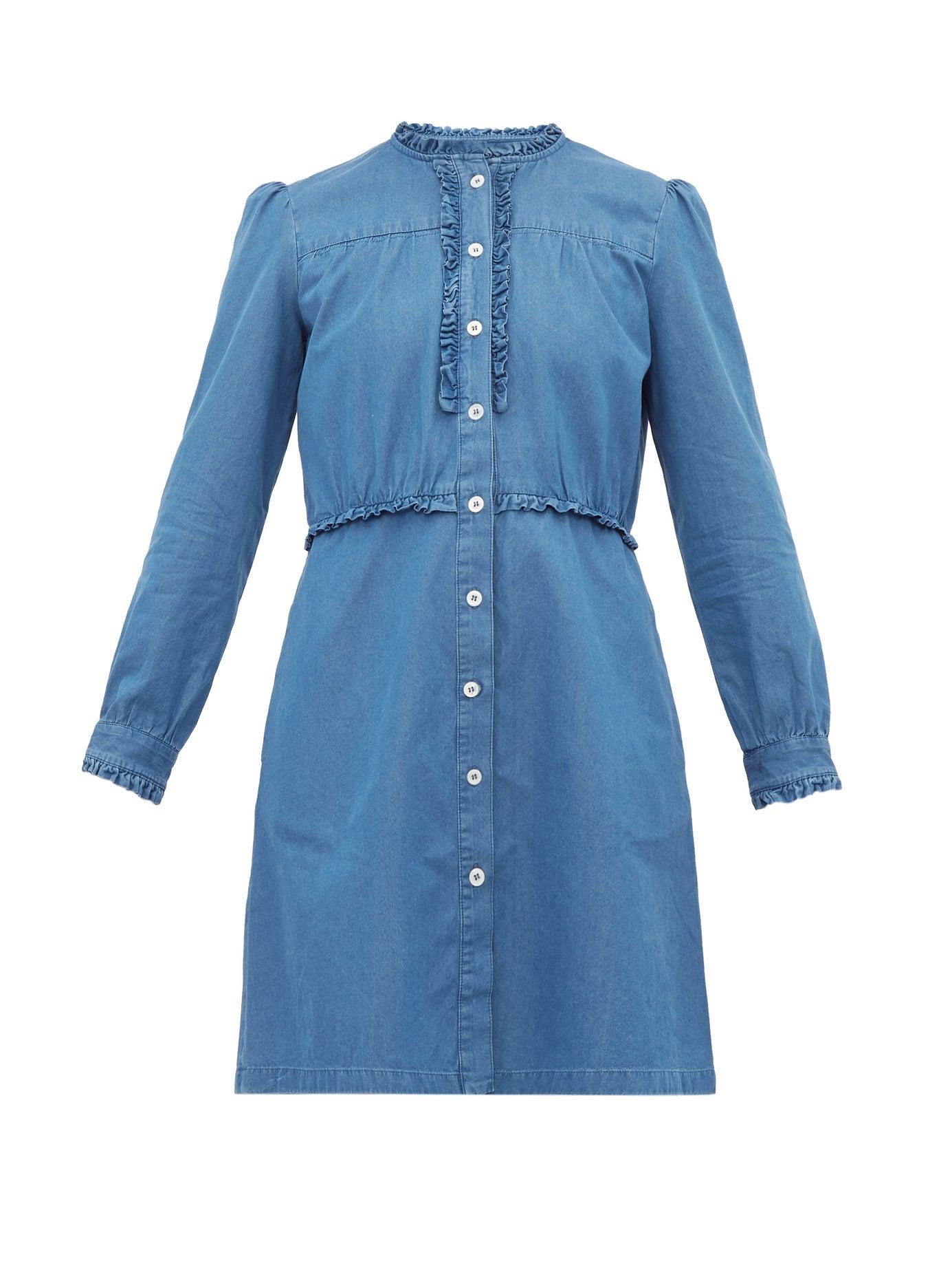 A P C Cotton Hoshi Ruffled Chambray Mini Dress In Denim Blue Lyst