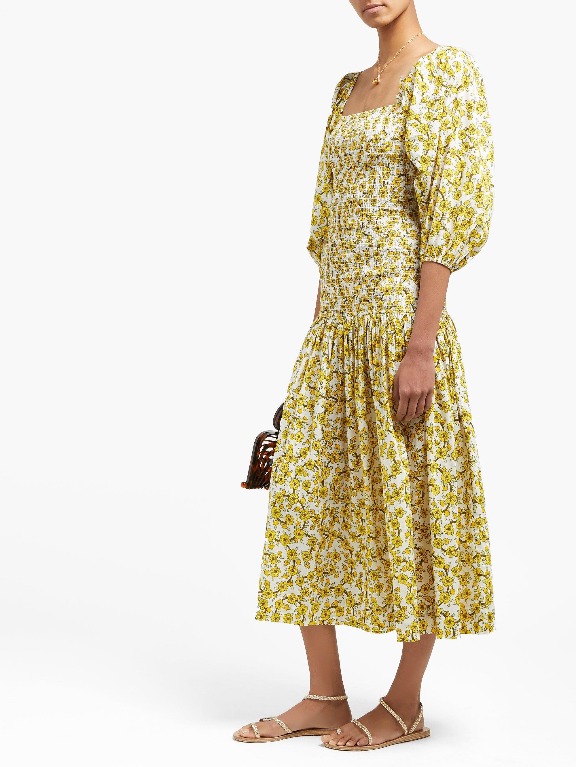 RHODE Harper Shirred Floral-print Cotton Midi Dress in Yellow Print ...