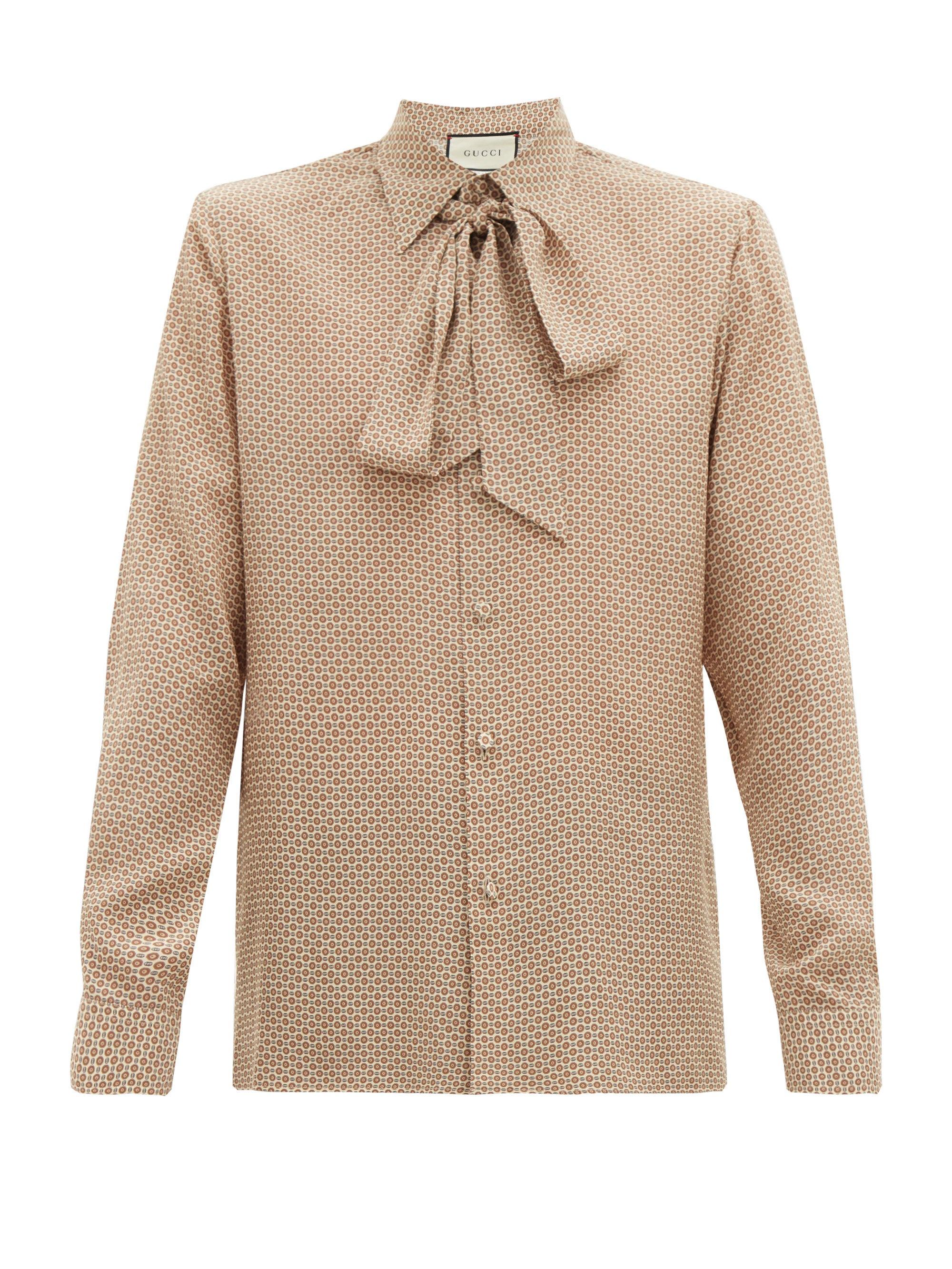 Gucci Pussy-bow Collar Geometric Gg-print Silk Shirt in Natural for Men |  Lyst
