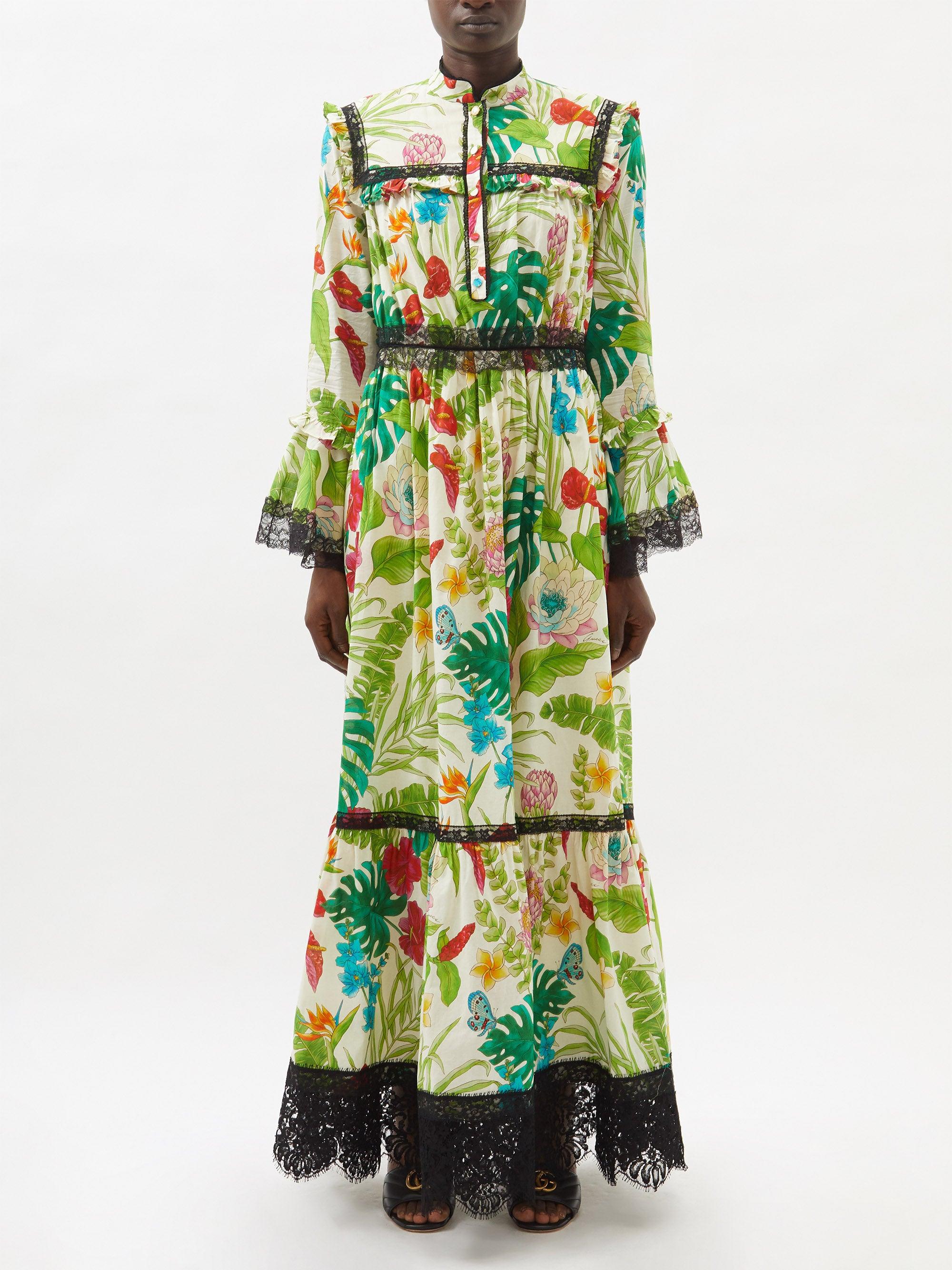 Aktuator Akademi Investere Gucci Floral-print Lace-trim Muslin Dress in Green | Lyst