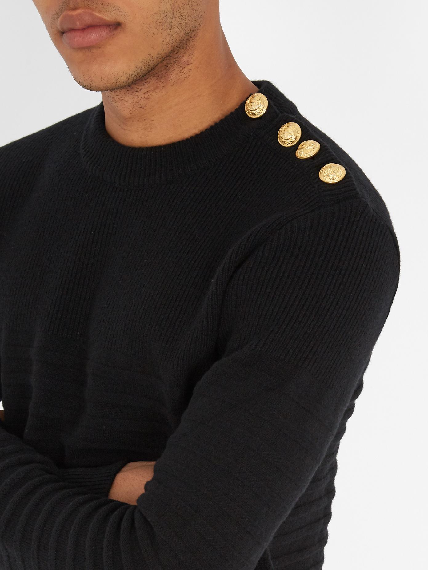 Balmain Button-shoulder Wool Sweater in Black for Men | Lyst