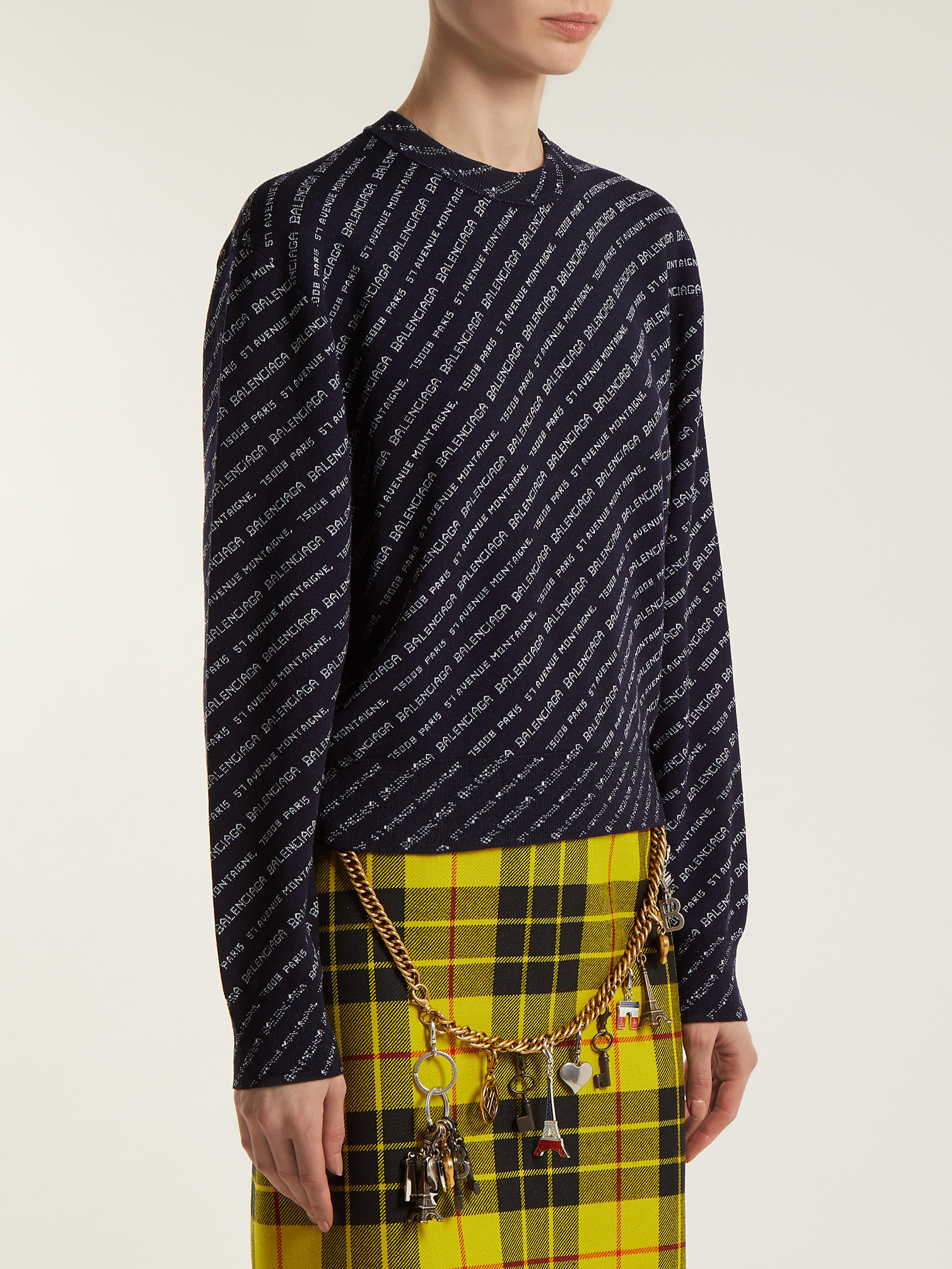 Balenciaga Crew Neck Wool Blend Sweater in Navy White (Blue) - Lyst