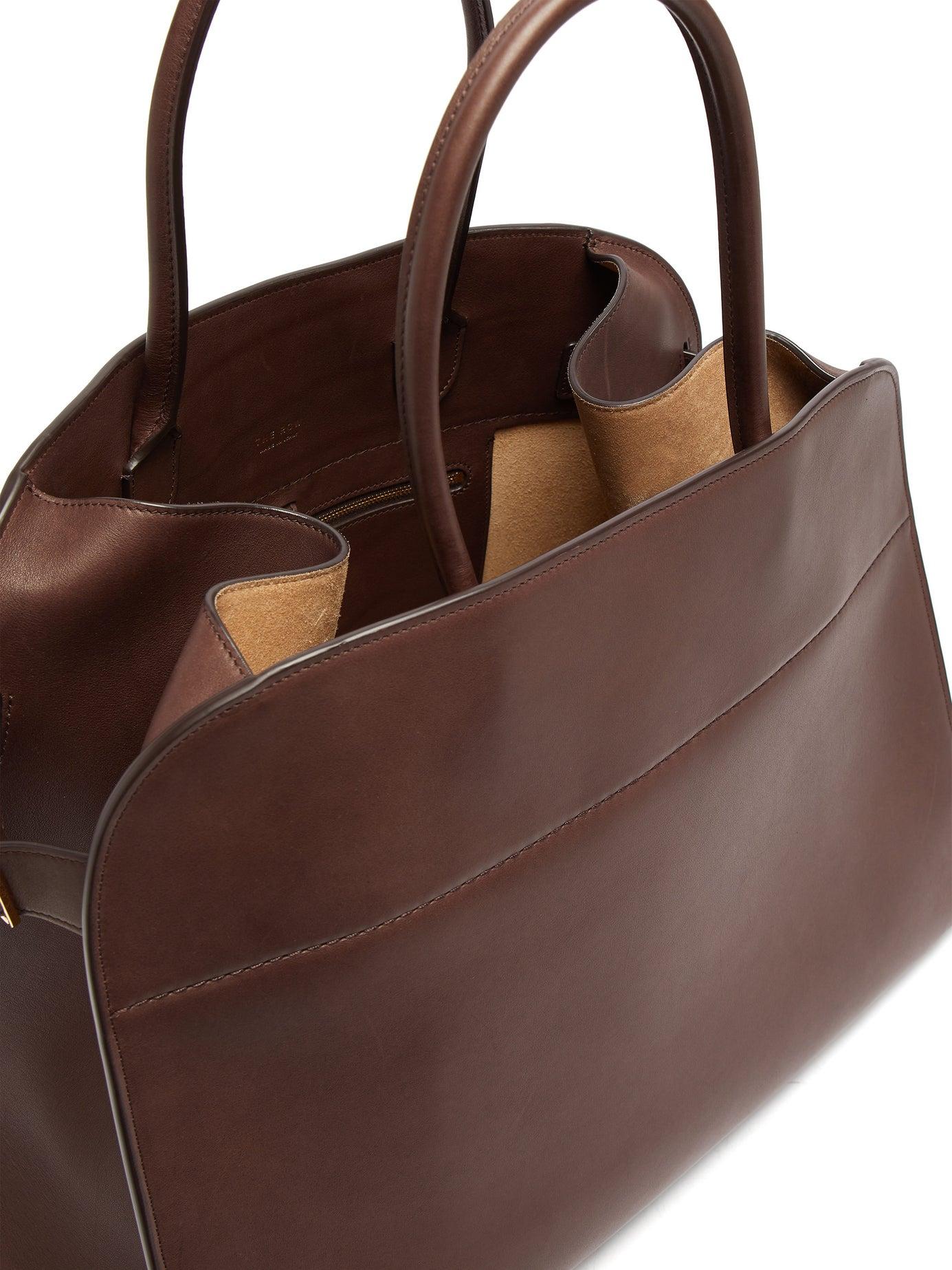 dark brown leather tote bag