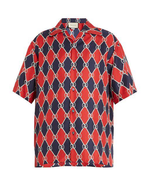 Gucci Gg And Diamond-print Silk Bowling Shirt in Red for Men | Lyst