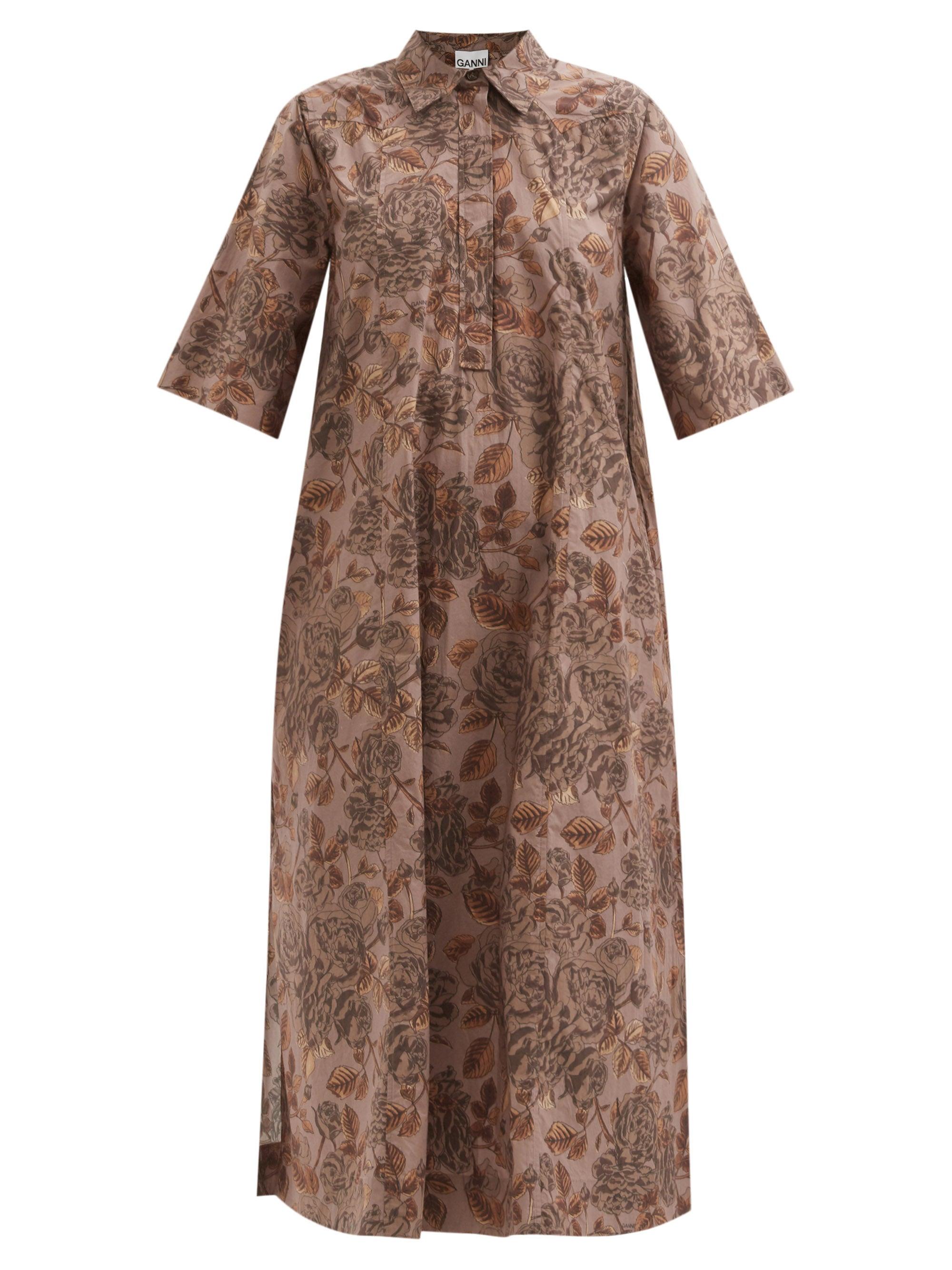 Ganni Printed Cotton Poplin Maxi Dress | Fossil | Lyst