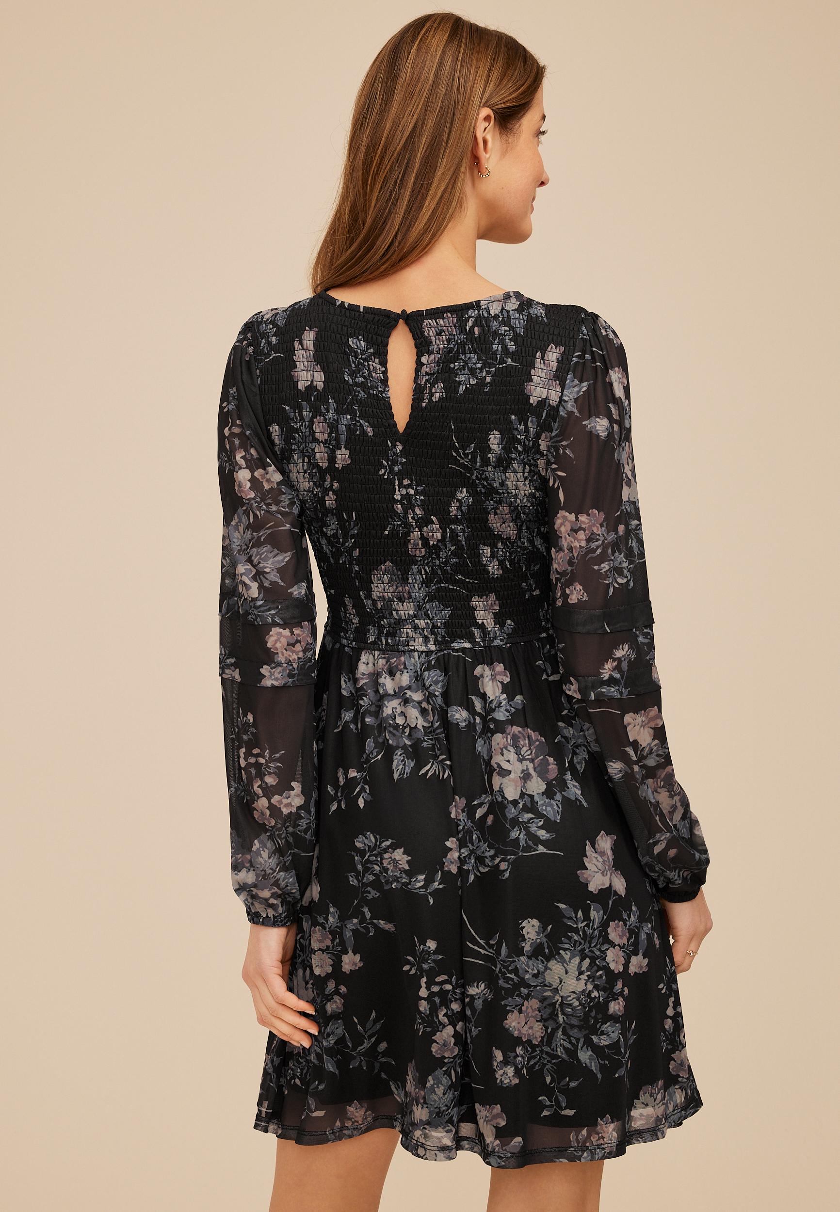 maurices Floral Smocked Bodice Long Sleeve Mini Dress in Black | Lyst