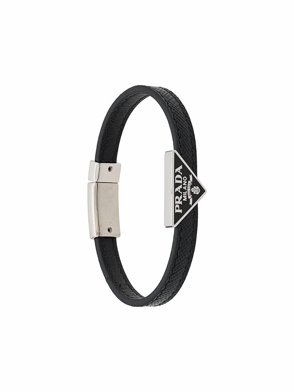 Prada Leather Enamel Triangle Logo Bracelet in Black for Men | Lyst