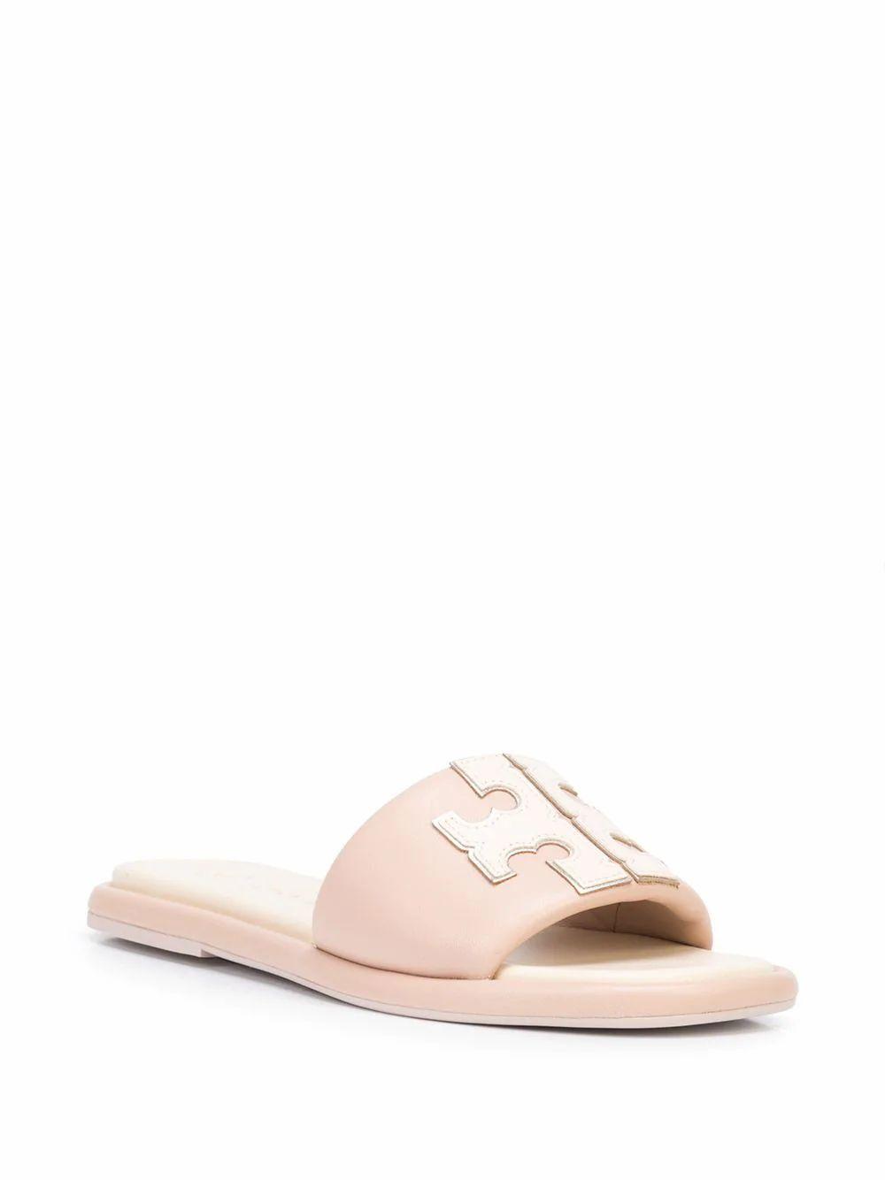 Tory Burch Double T Leather Slides in Pink | Lyst