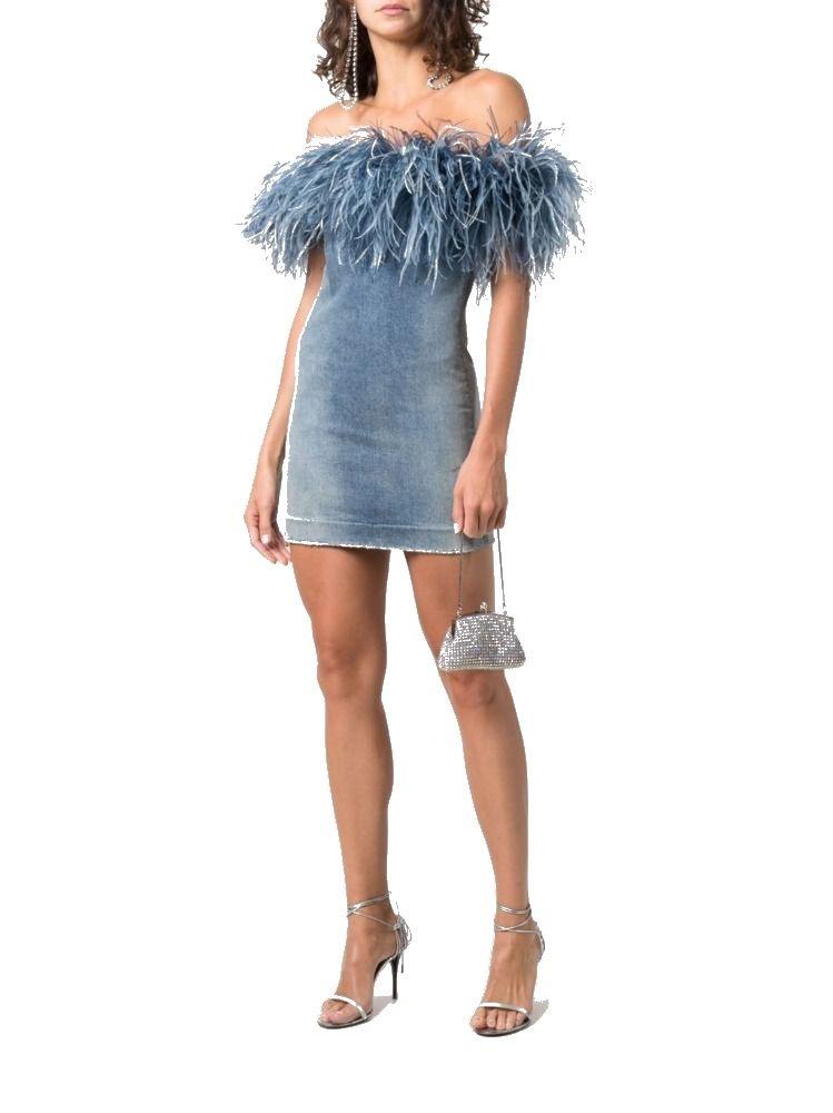 Saint Laurent Feather Trim Denim Dress 