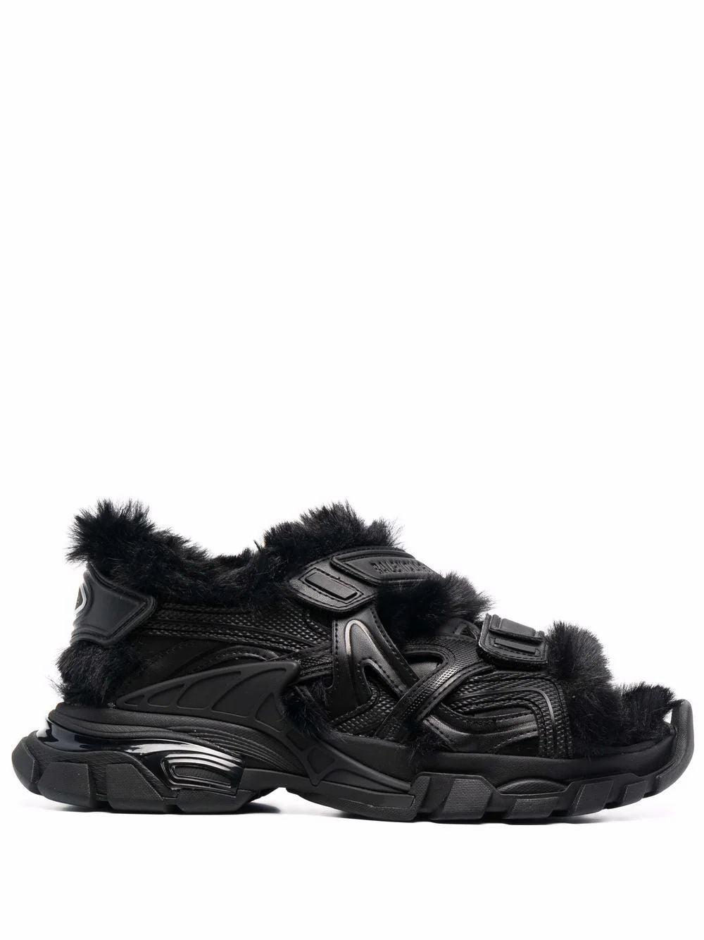 Balenciaga Faux-fur Track Sandals in Black | Lyst