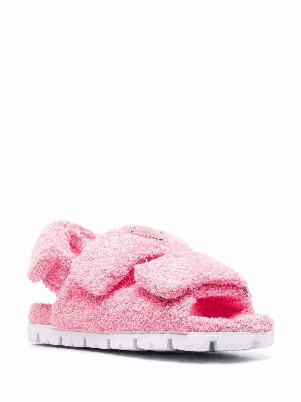 Prada Triangle Logo Shearling Sandals in Pink | Lyst Australia