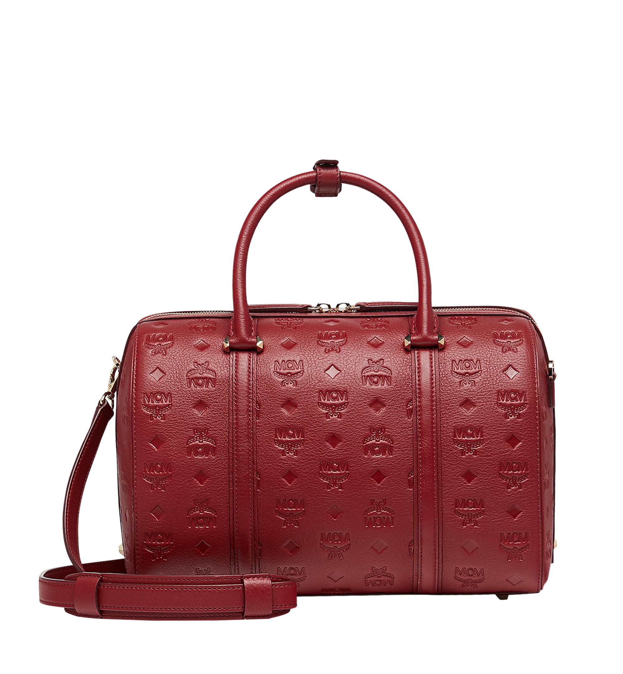 MCM Essential Boston Bag In Monogram Leather in Red - Lyst