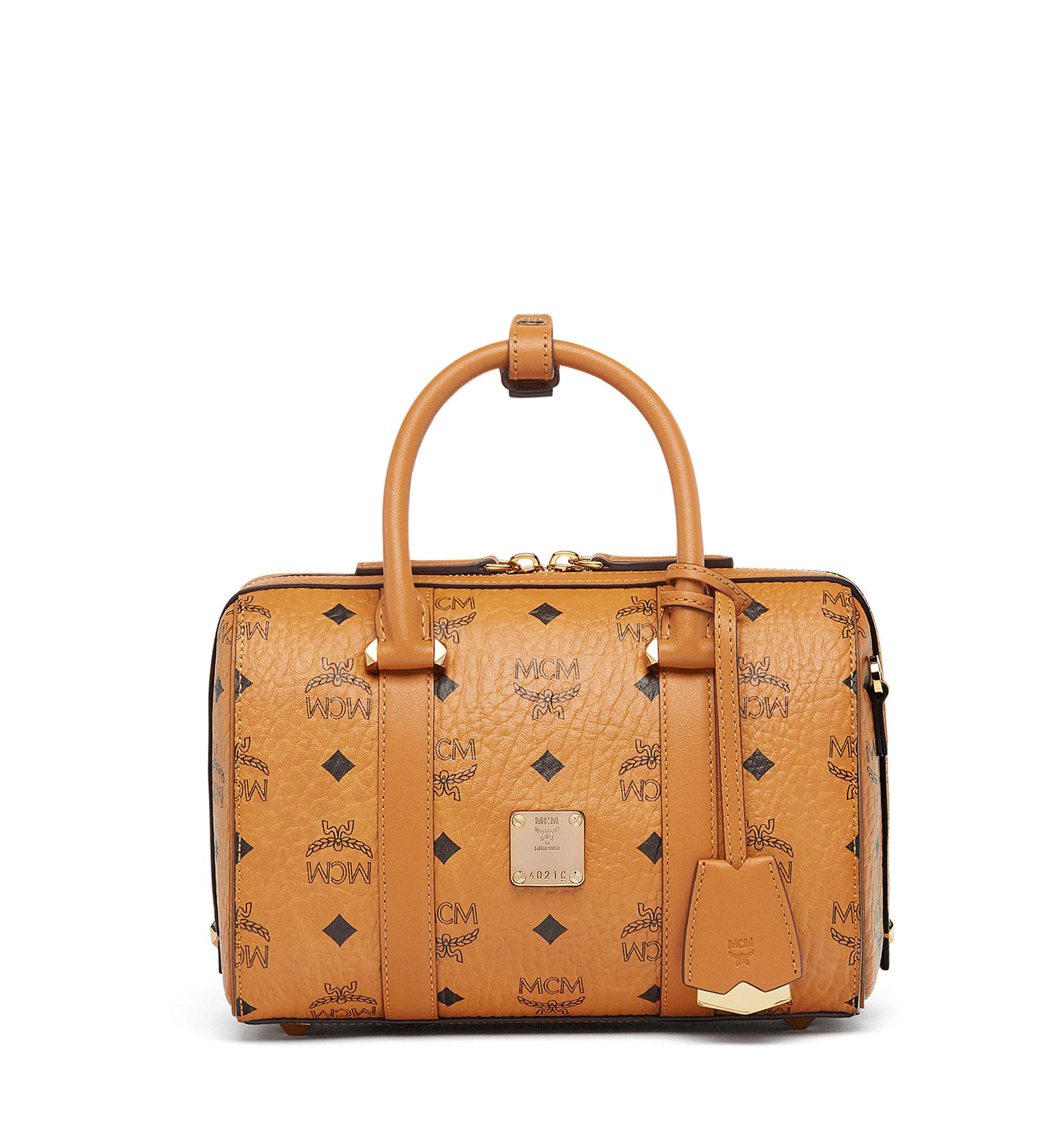 MCM Canvas Essential Boston Bag In Visetos Original in Cognac (Brown) - Lyst