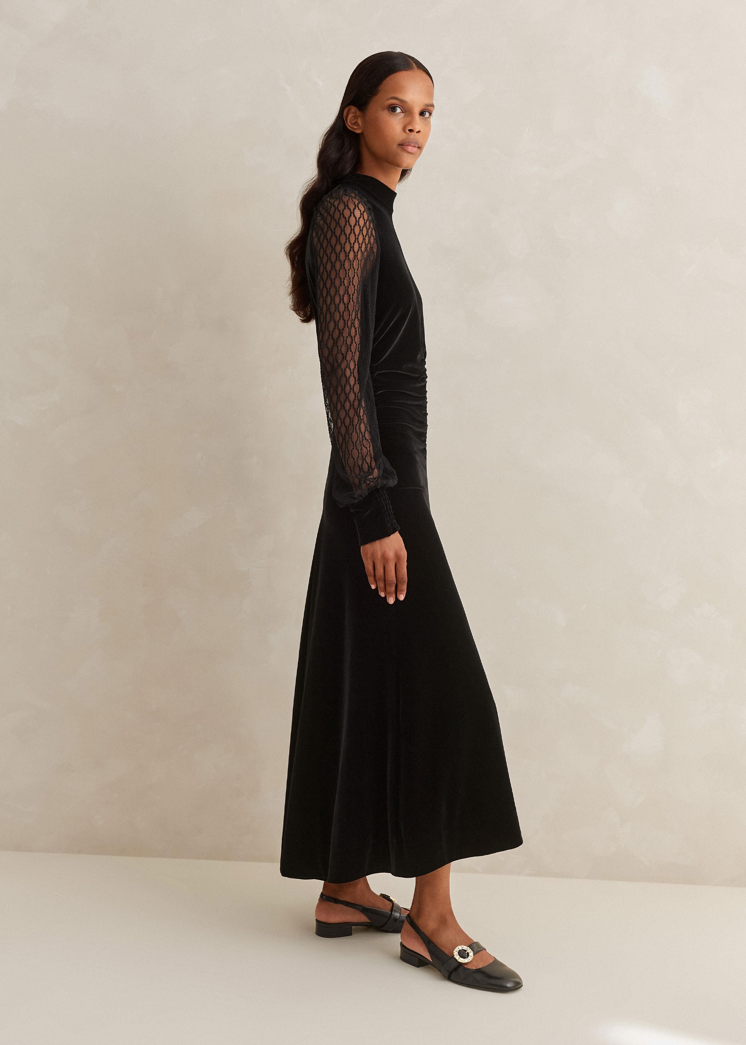 ME EM Stretch Velvet Lace Sleeve High Neck Maxi Dress in Black Lyst