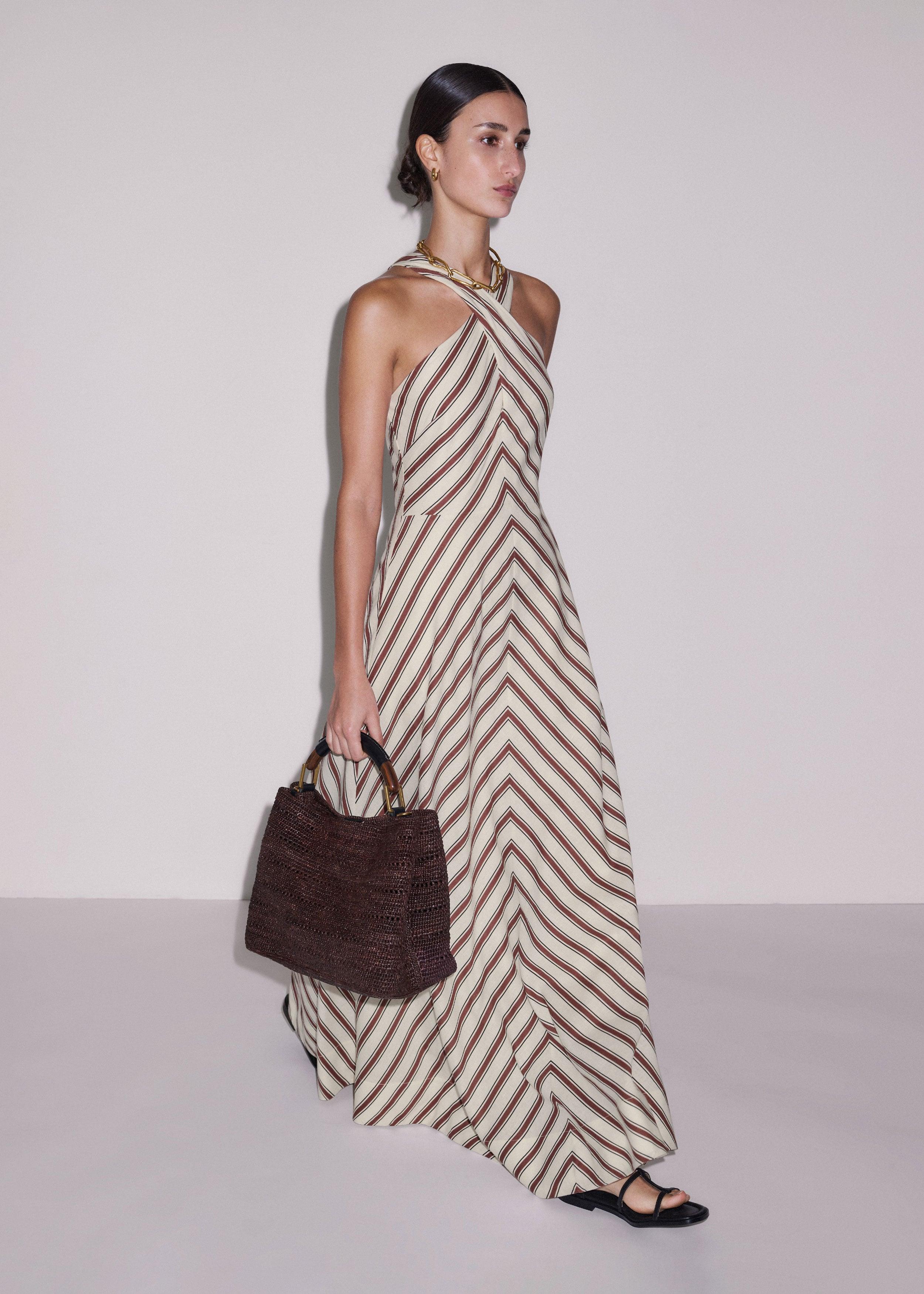 me and em halter neck dress ME+EM Crease-Less Linen Halter-Neck Stripe Maxi Formal dress