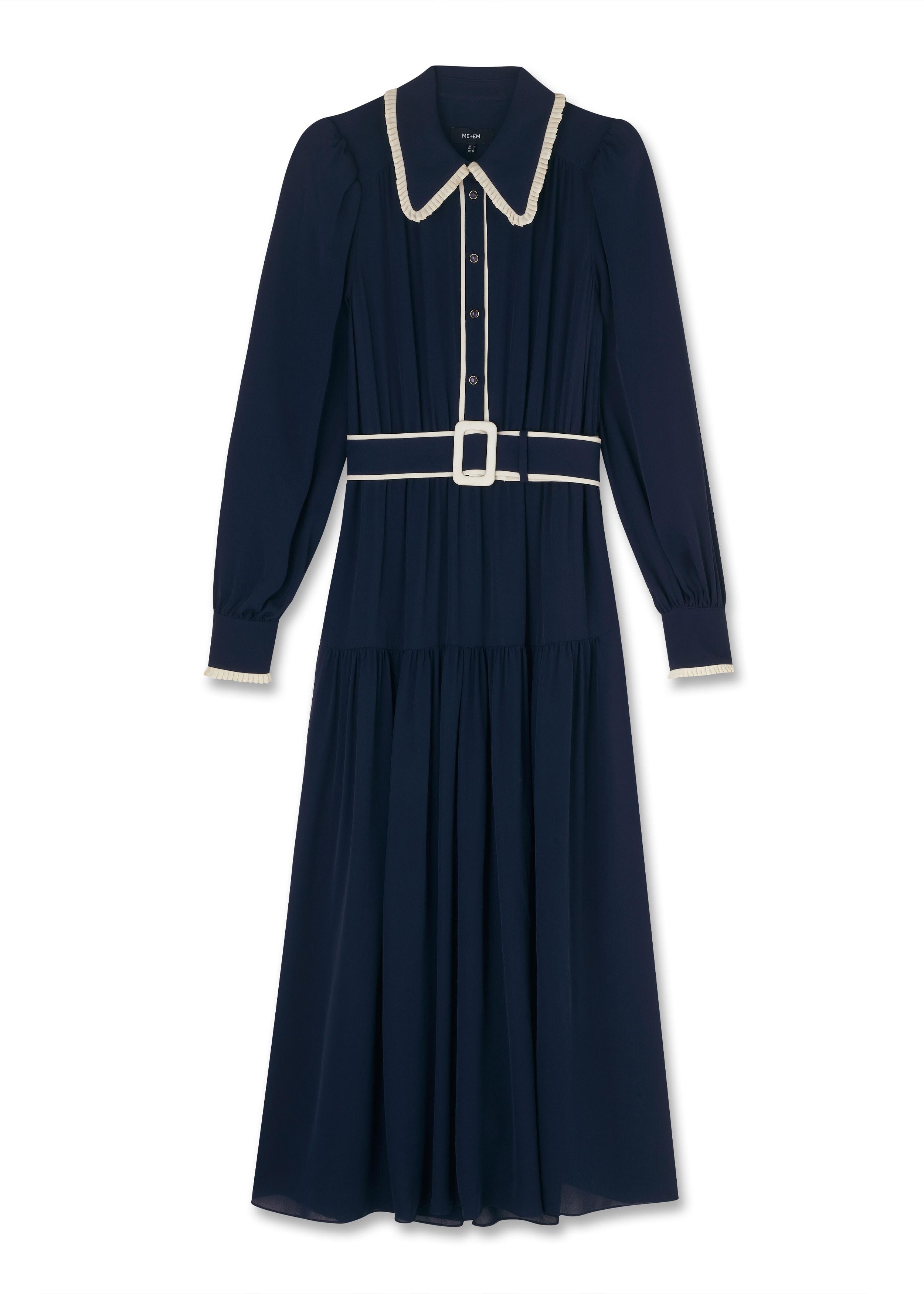 ME+EM Silk Pleat Collar Maxi Shirt Dress + Belt in Blue | Lyst