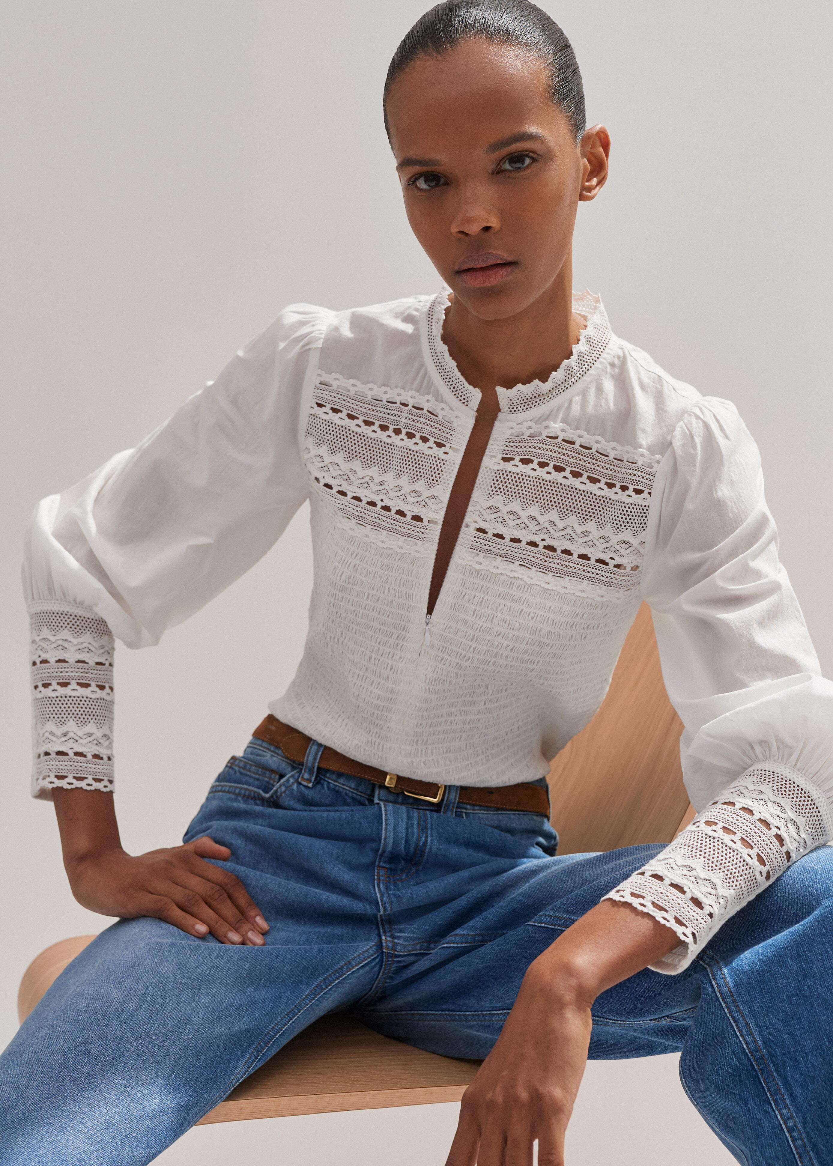 ME+EM Cotton Shirred Lace Trim Top in Natural | Lyst